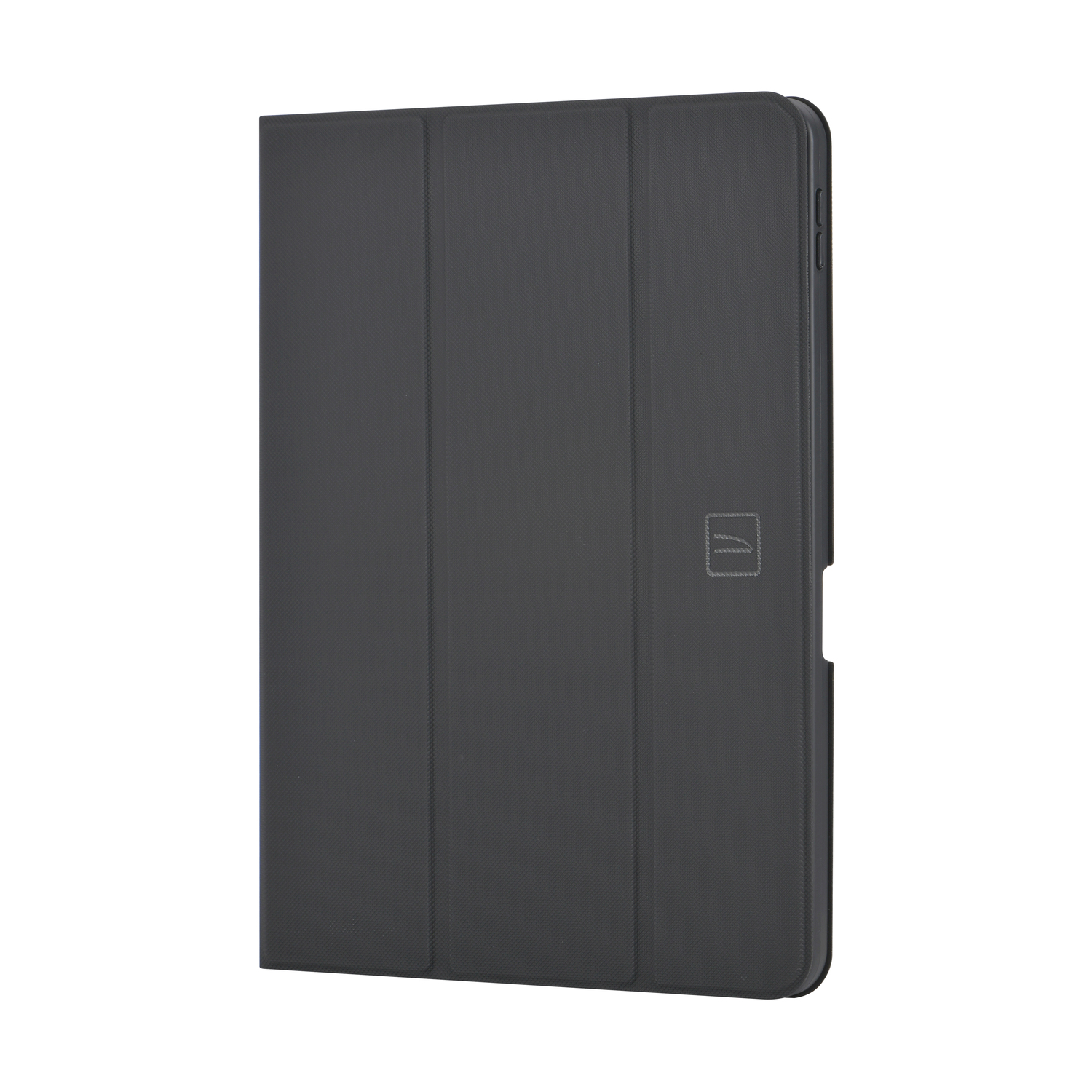 Custodia tablet grigio scuro, chiusa. Orientamento verticale. Superficie strutturata con logo piccolo.