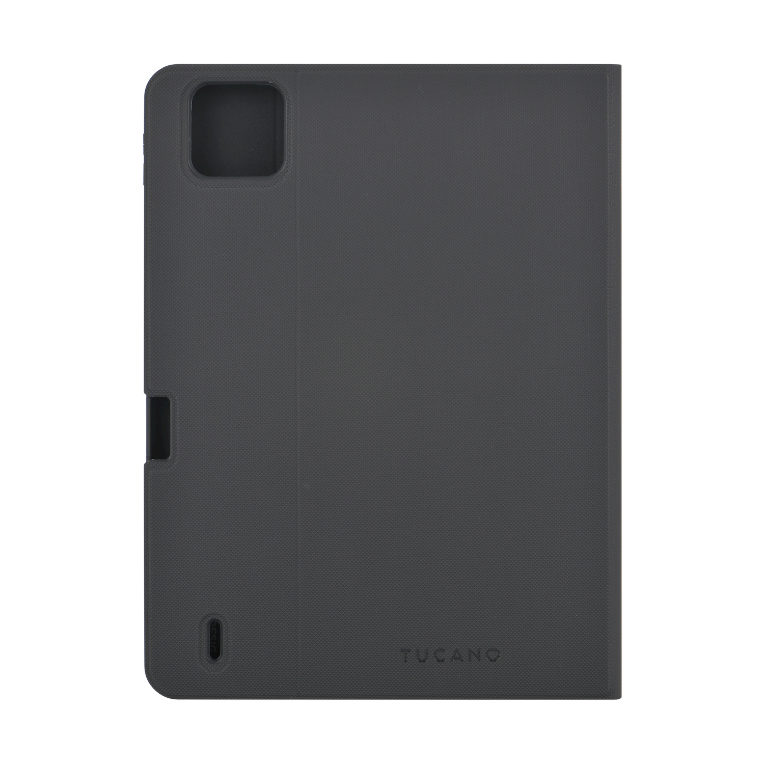 Una custodia grigia per tablet con una cover nera. Il logo TUCANO è visibile.
