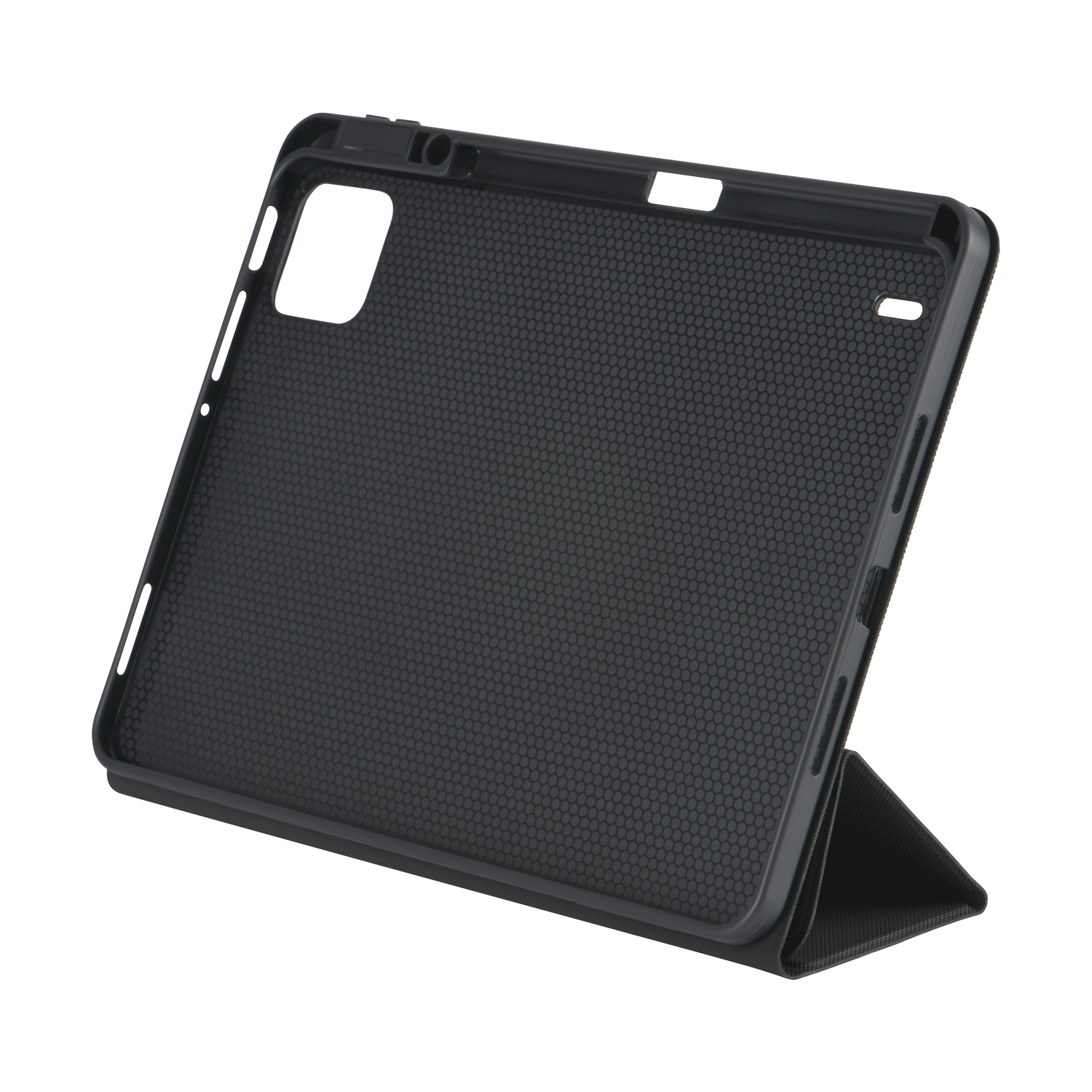 L'interno di una custodia nera per tablet, che mostra l'interno e il supporto.