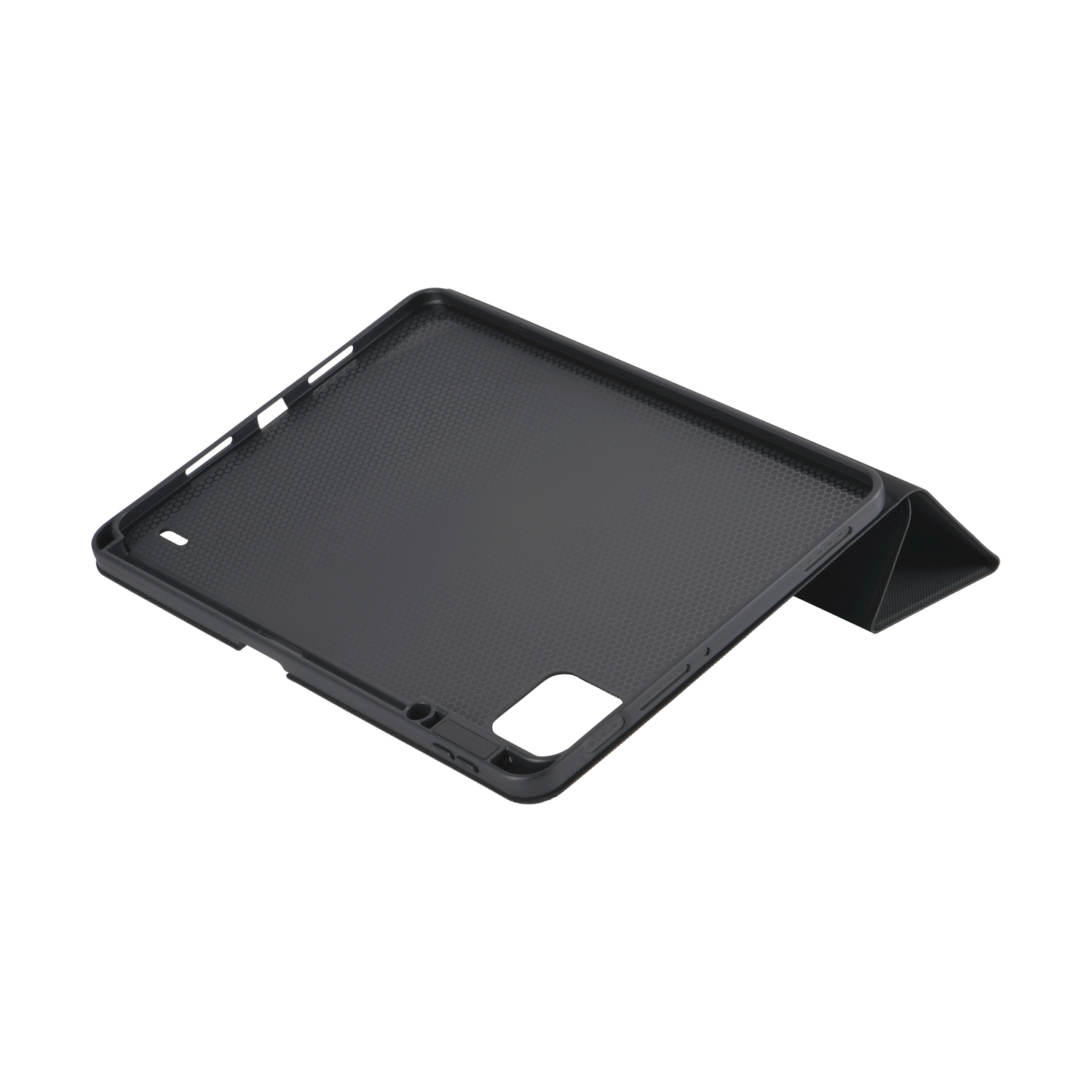 Custodia per tablet nera in posizione angolata, mostra l'interno.