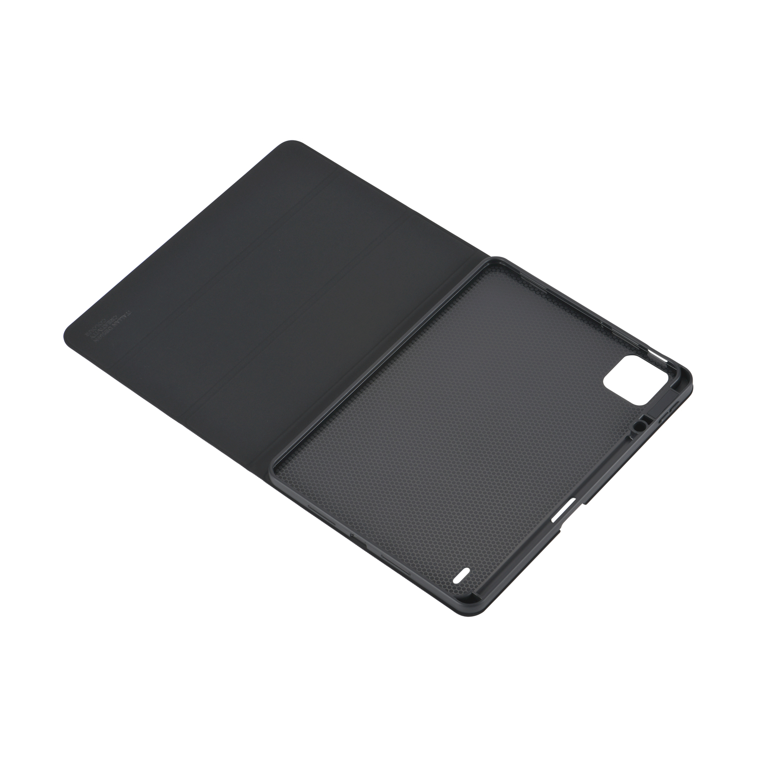 Una custodia per tablet nera aperta, che mostra l'interno. Sfondo bianco.