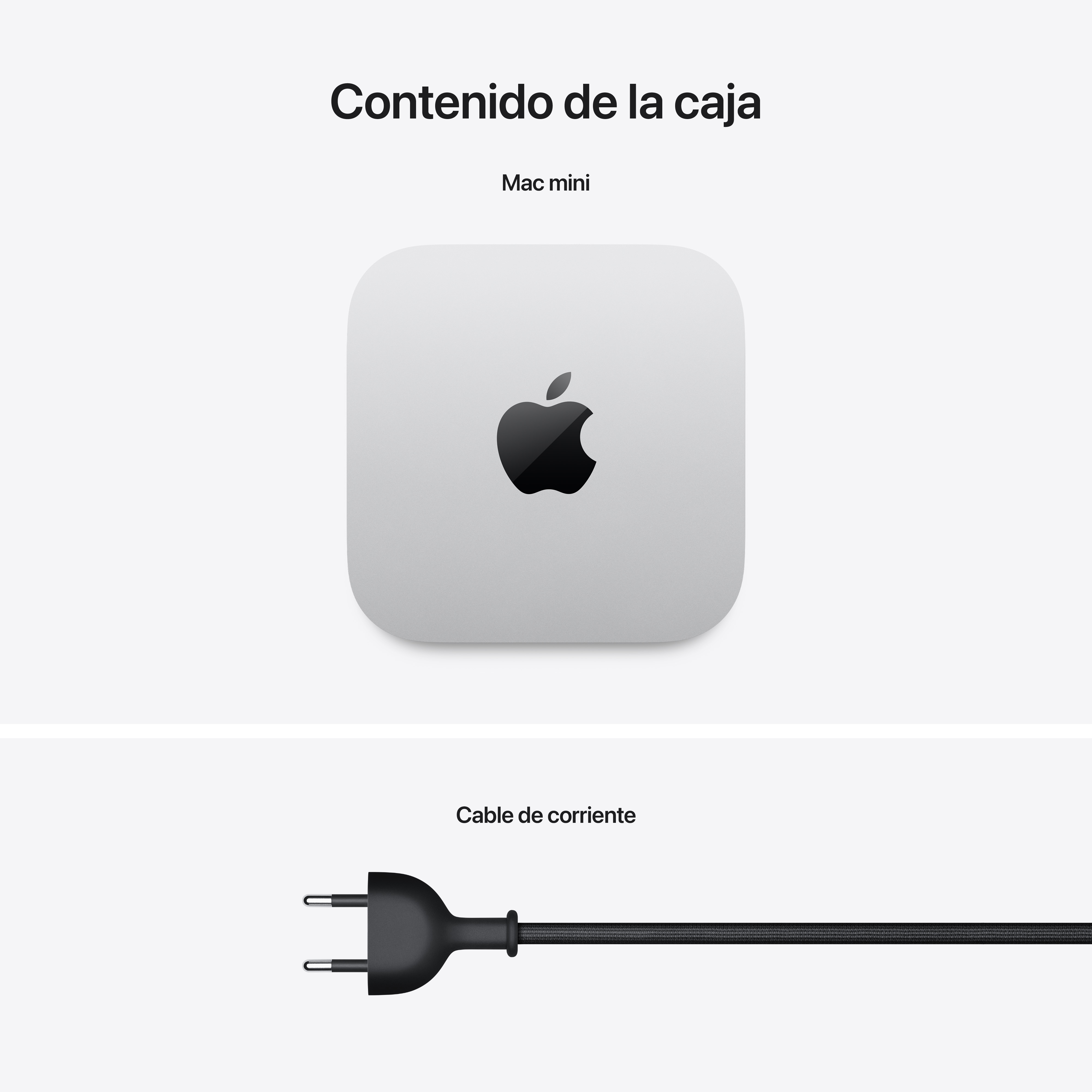 Contenido de la caja: un Mac mini y un cable de alimentación negro.