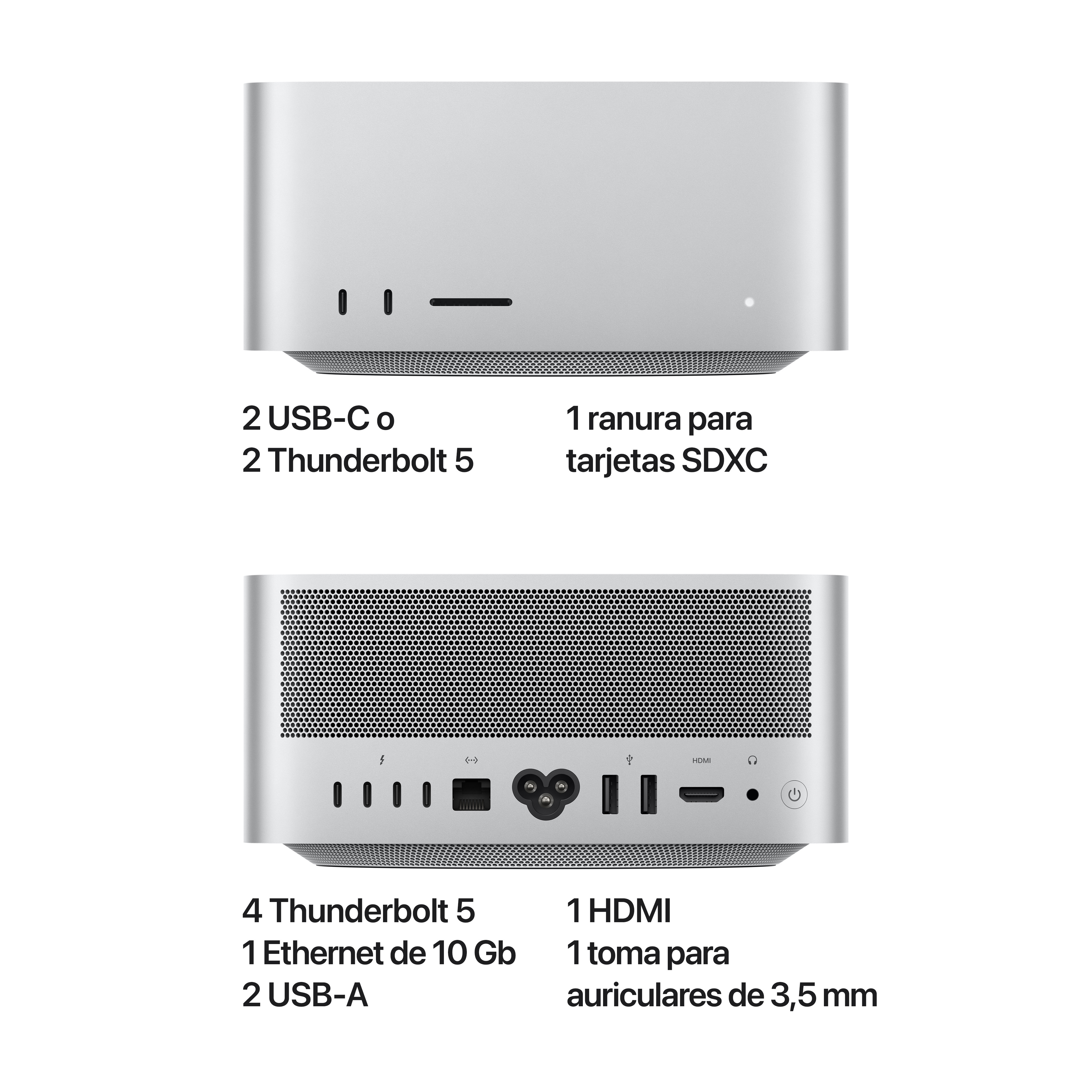 Dispositivo Apple plateado con puertos. Vista superior con puertos, trasera con varios puertos.