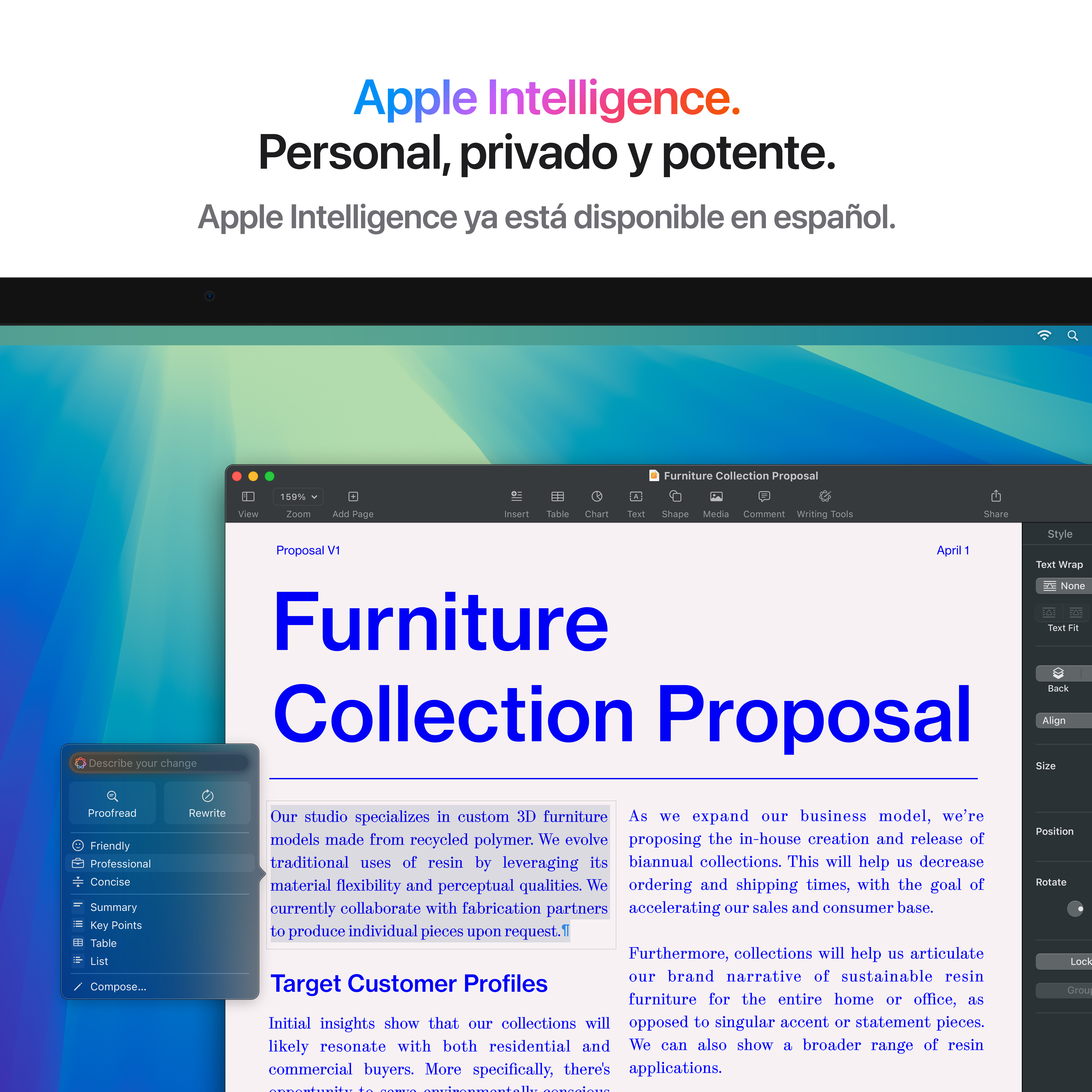 Anuncio de Apple Intelligence en pantalla, mostrando propuesta de colección de muebles y herramientas de edición.