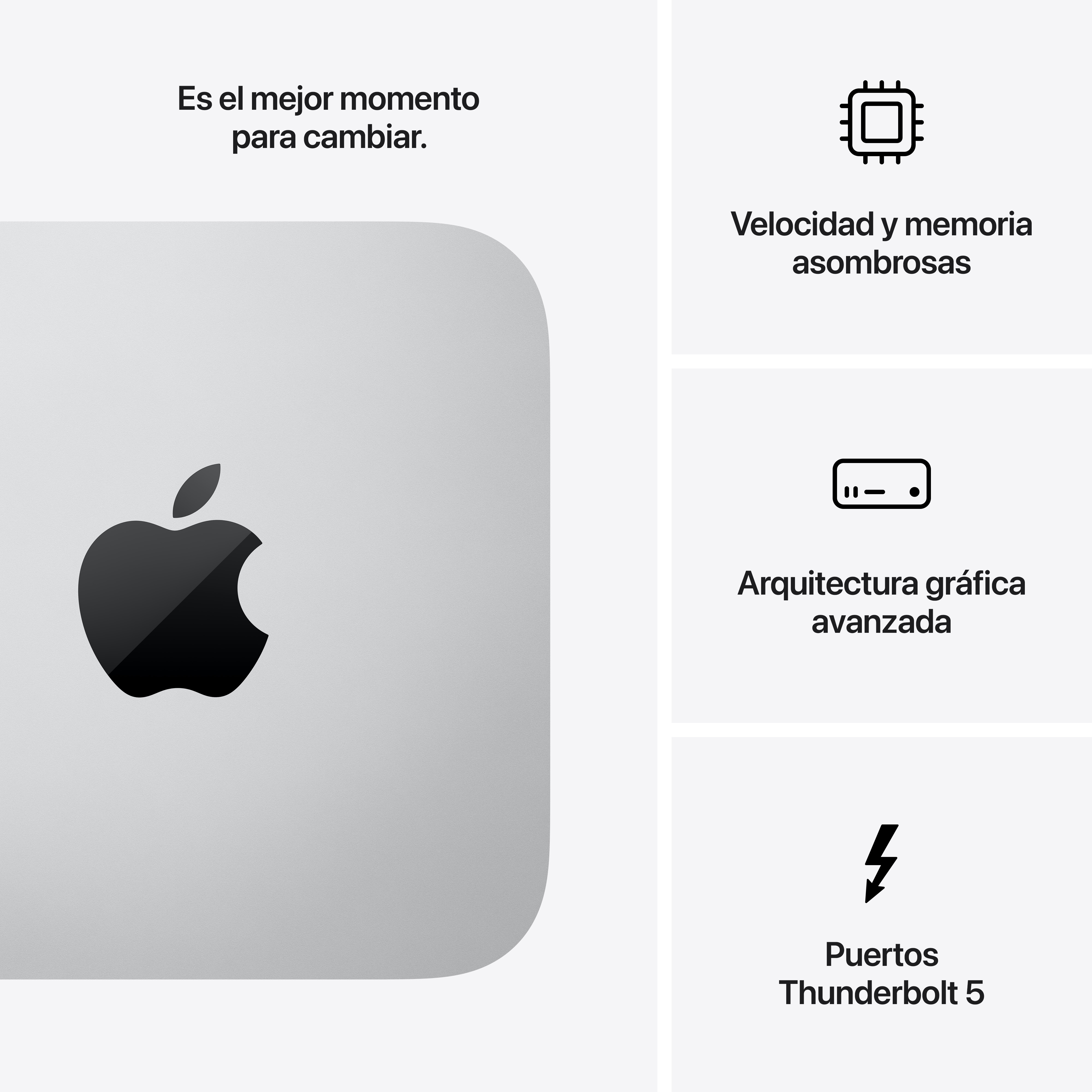 Dispositivo Apple con logo Apple y cuadros de texto con iconos y texto.