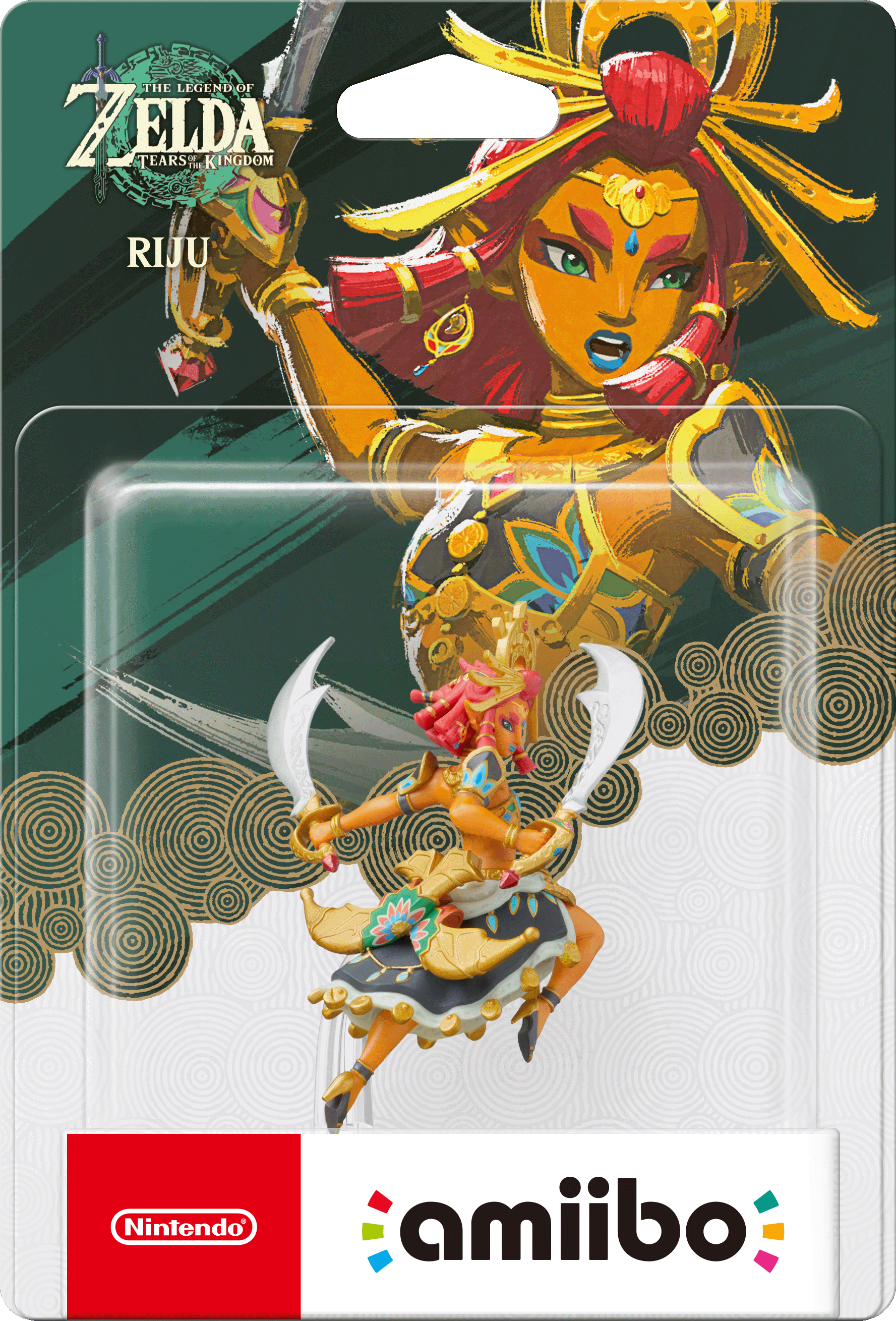 Una statuetta amiibo di Nintendo di Riju da Zelda, in una confezione di plastica con grafica di gioco.