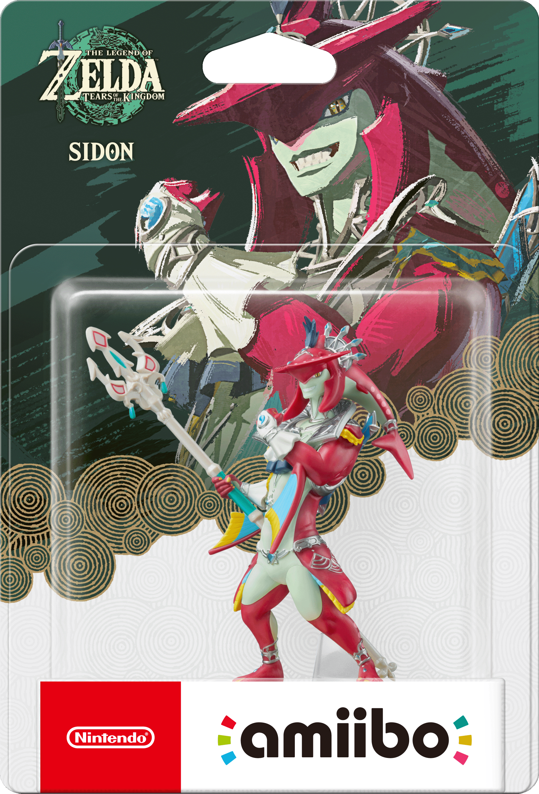 Una statuetta amiibo di Sidon da The Legend of Zelda. È rosso e blu con una lancia.