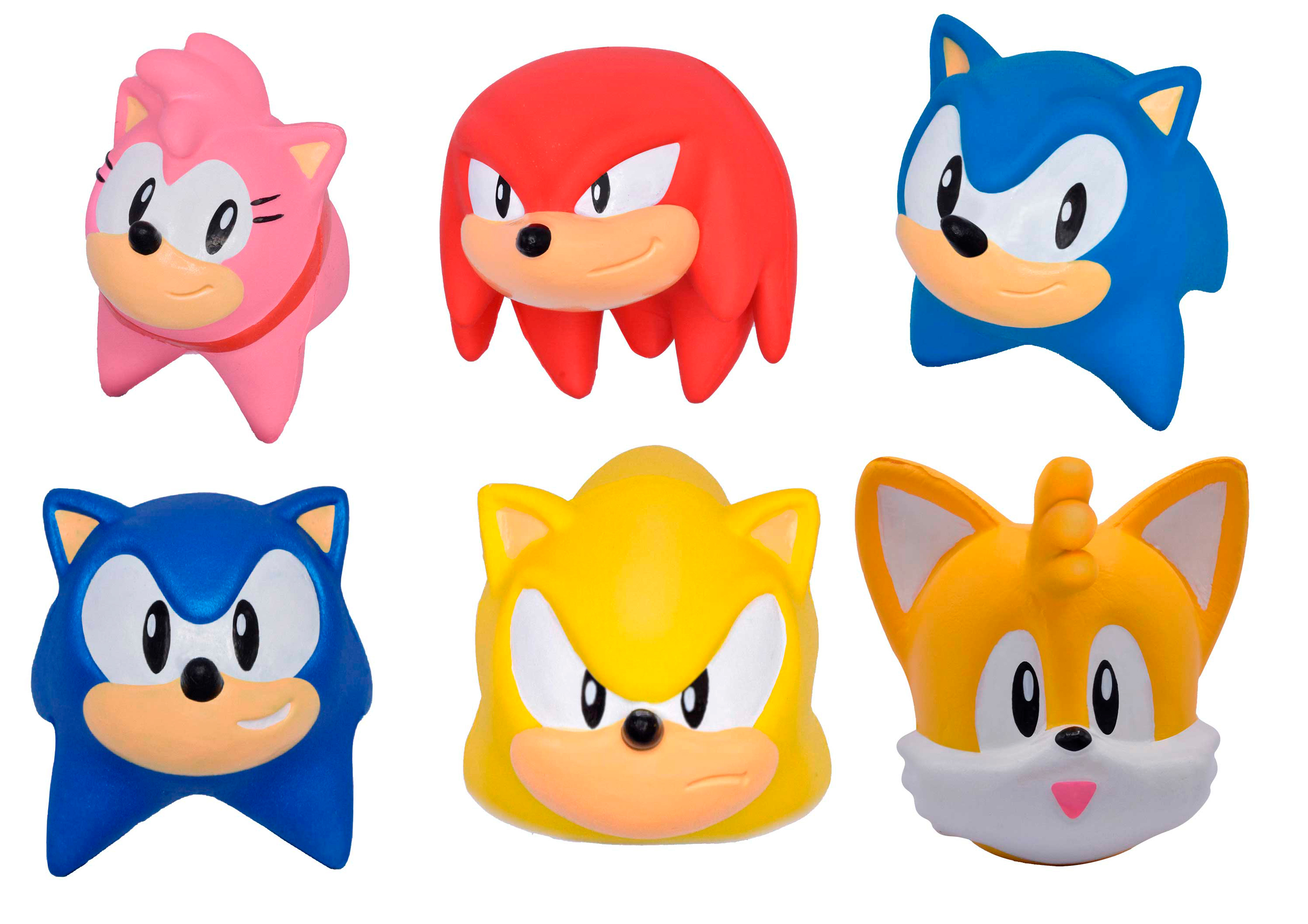 Cartoon-Köpfe von Sonic-Charakteren: Amy Rose, Knuckles, Sonic, Super Sonic, Tails. Weißer Hintergrund.