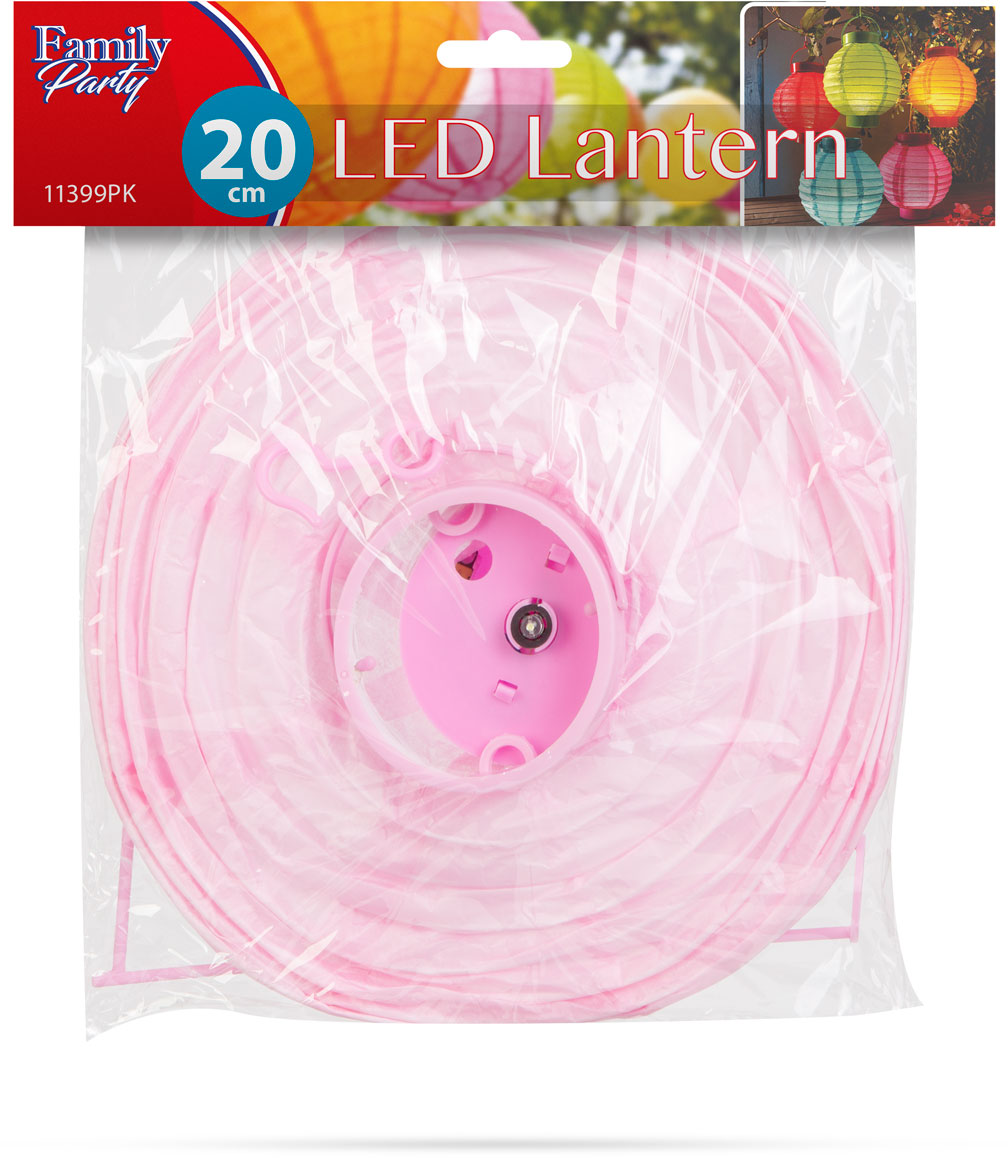 Egy rózsaszín papírlámpás átlátszó műanyag csomagolásban. A szöveg a 20 LED lámpást jelzi.