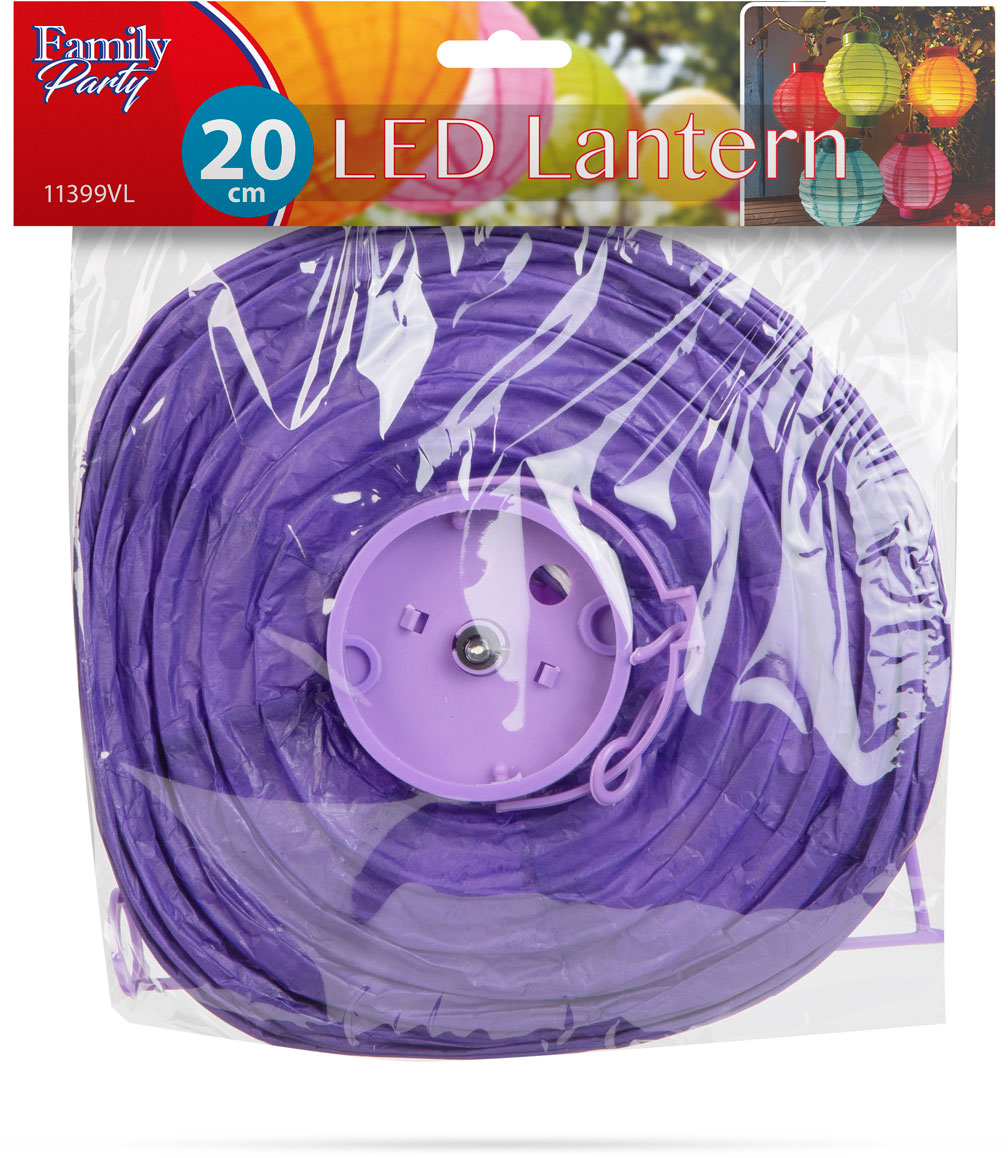 Lila LED-es lámpás csomagolásban, '20 LED Lantern' felirattal.