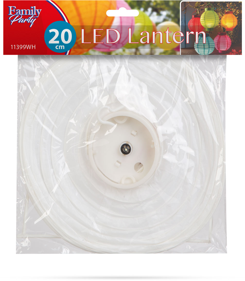 Fehér papírlámpás műanyag zacskóban, színes fejléc és szöveg a LED-lámpákról.