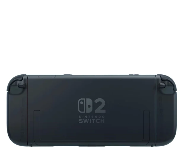 Tył czarnej konsoli Nintendo Switch, pokazujący logo.