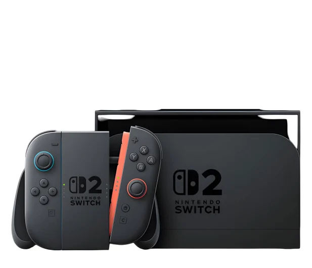 Konsola Nintendo Switch z dwoma odłączonymi kontrolerami Joy-Con, wszystko na białym tle.