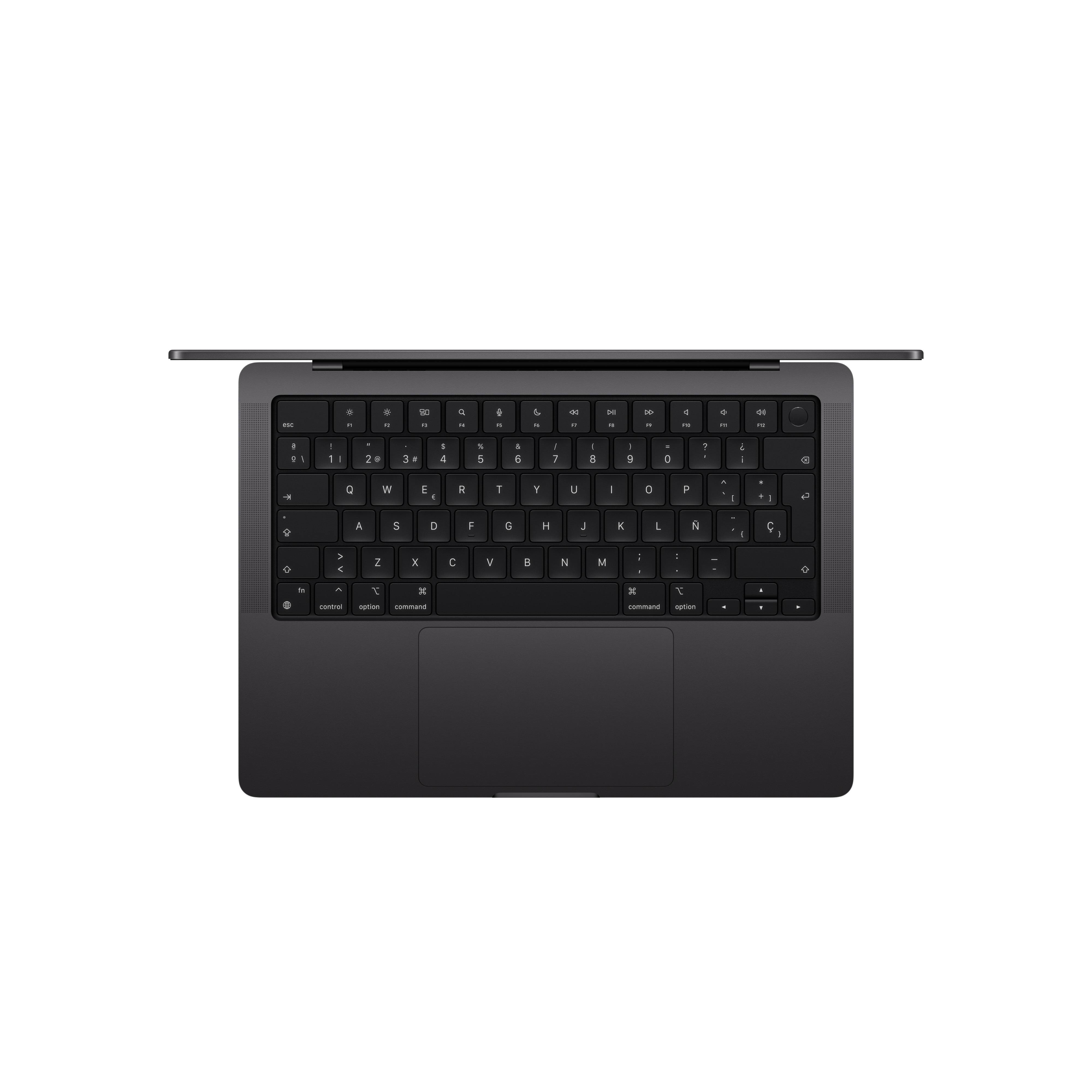 Un teclado negro sobre un fondo blanco.