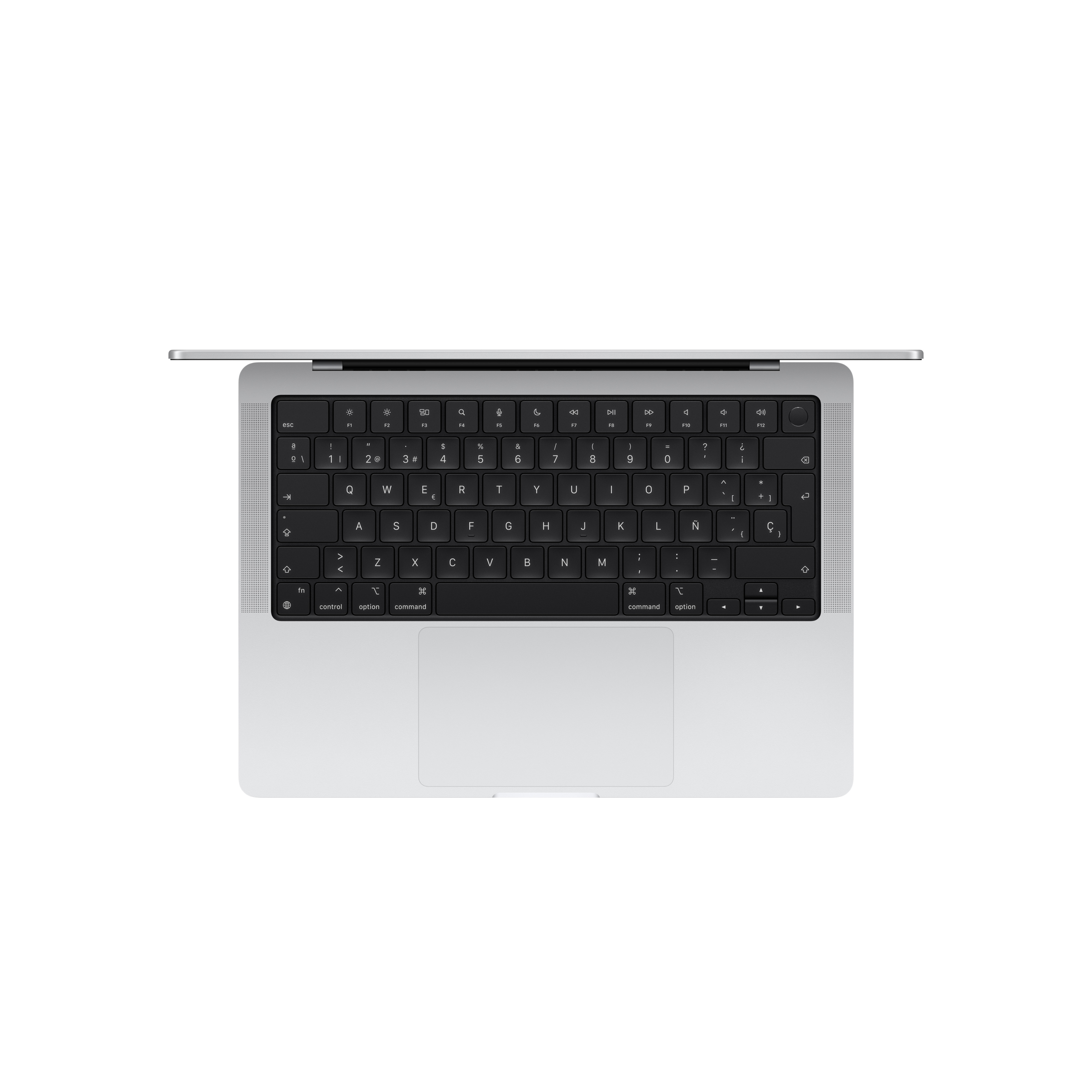 Ordenador portátil, vista superior. Teclado y panel táctil visibles. La pantalla está abierta y mirando hacia arriba.