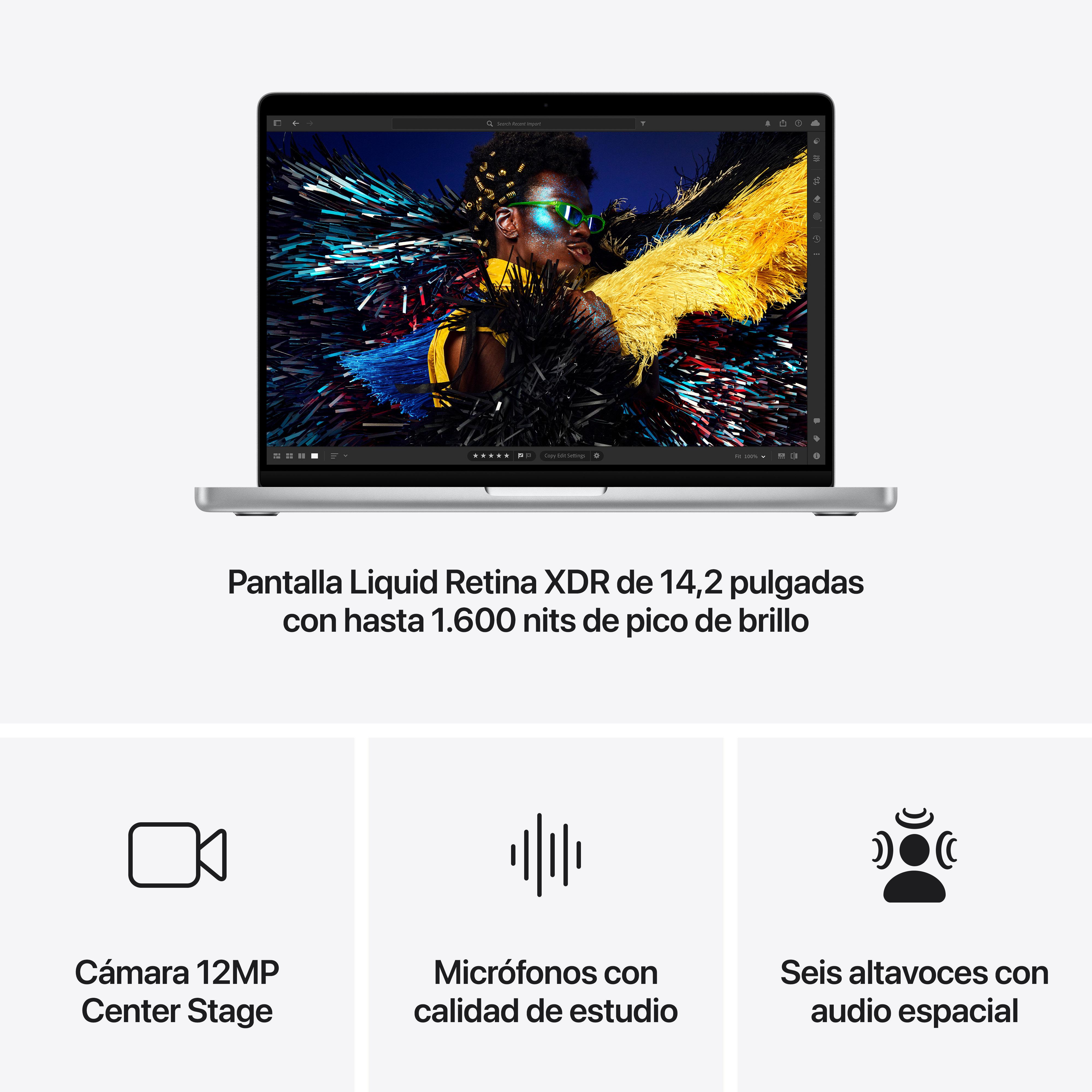 Un portátil plateado muestra una foto colorida, con información sobre cámara, micrófonos y altavoces.