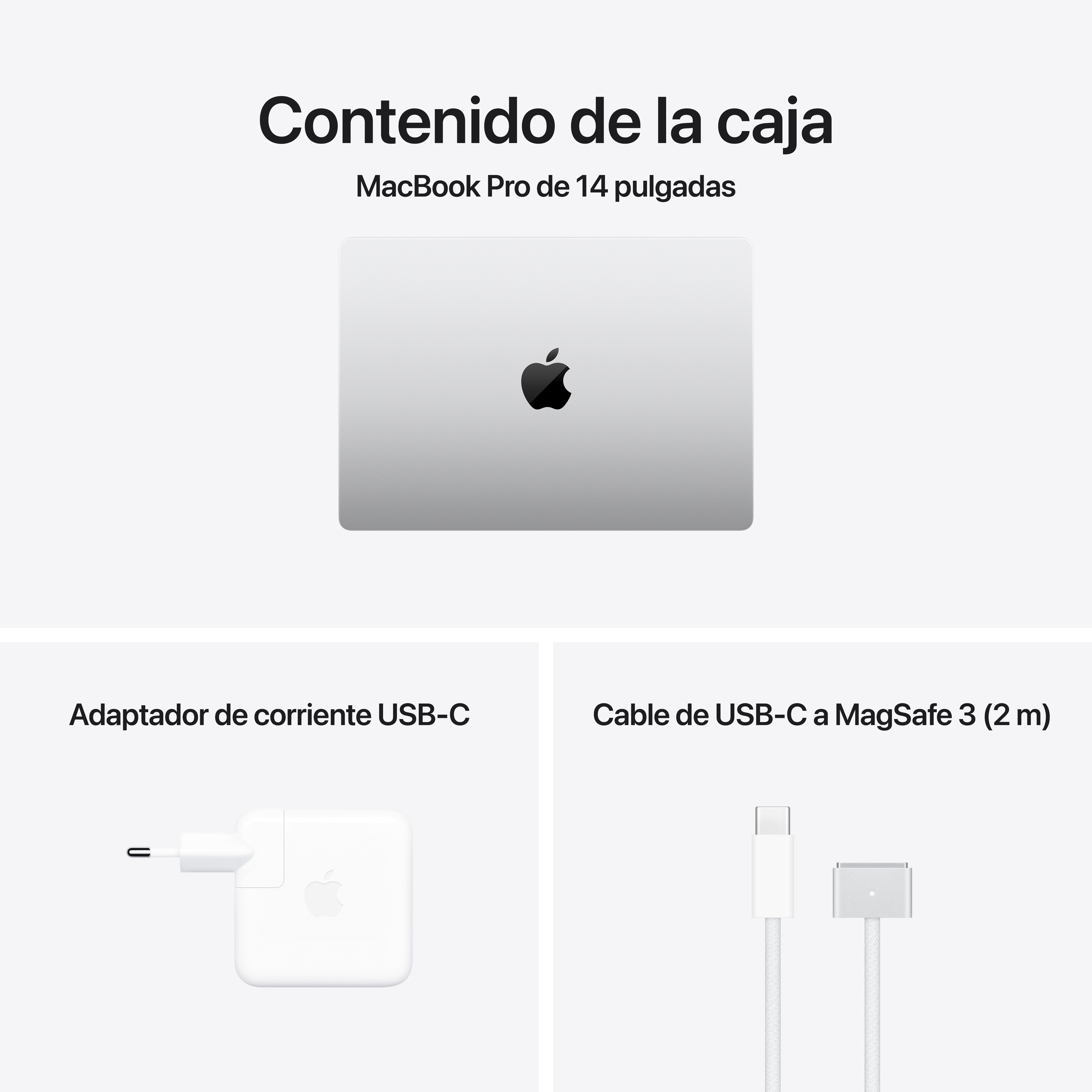 Una caja blanca con un logotipo negro de Apple, adaptador de corriente y cable de carga.