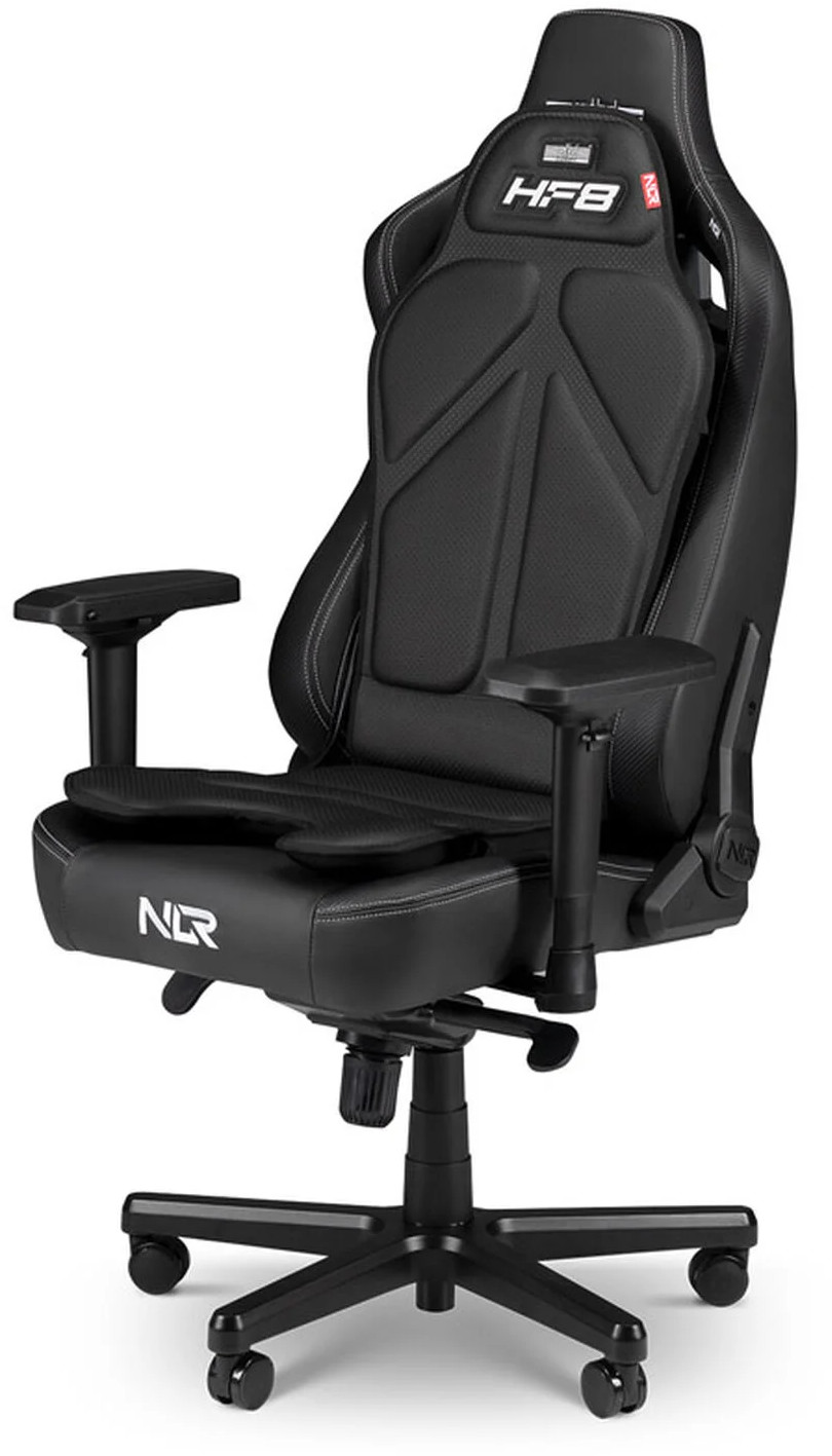 Fekete-piros gamer szék fejtámlával, kartámaszokkal és öt kerekes talppal.