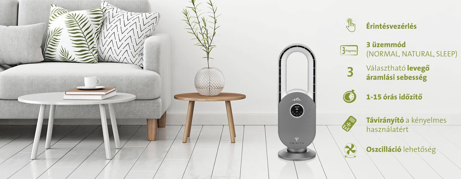 Nappali jelenet ventilátorral, kanapéval, asztallal és szövegcímkékkel.