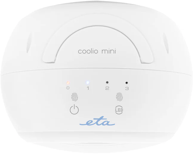Fehér coolio mini eszköz gombokkal és lámpákkal, felülnézet.