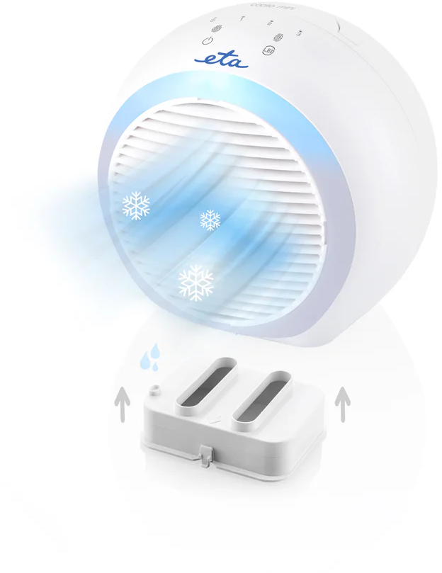 Fehér és kék légkondicionáló, fehér alappal. A hűtőben ventilátor és víztartály van.