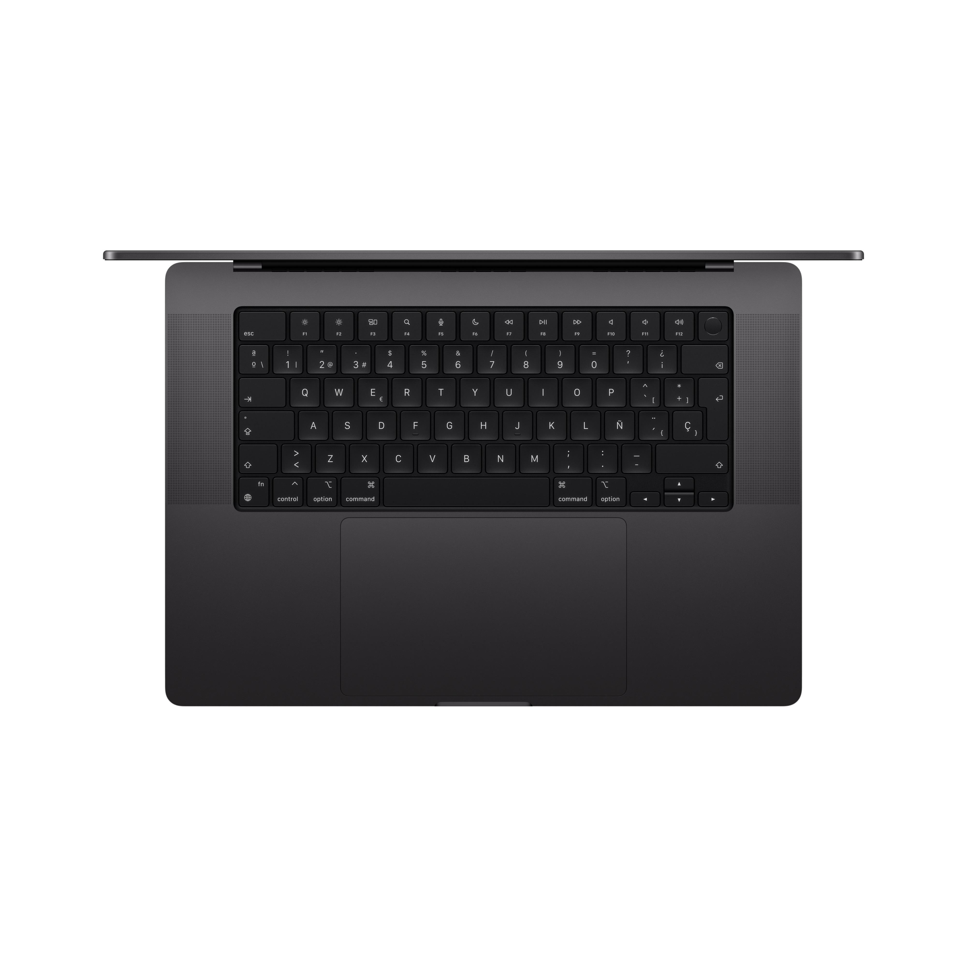 Una vista desde arriba de un teclado de portátil negro. El teclado incluye un panel táctil y el logotipo de Apple.