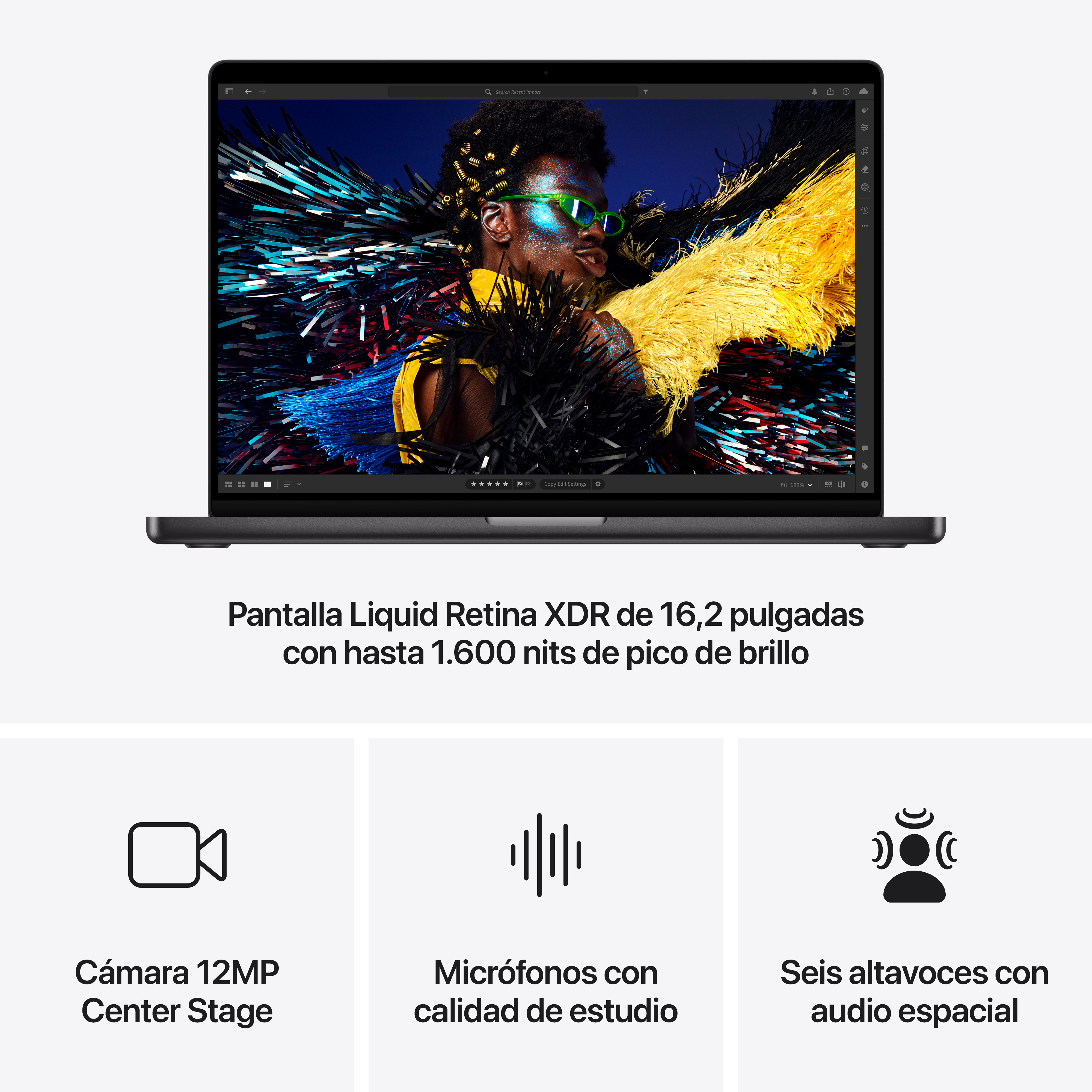 Pantalla de portátil con foto. Iconos debajo: cámara, micrófonos de estudio y seis altavoces con audio espacial.