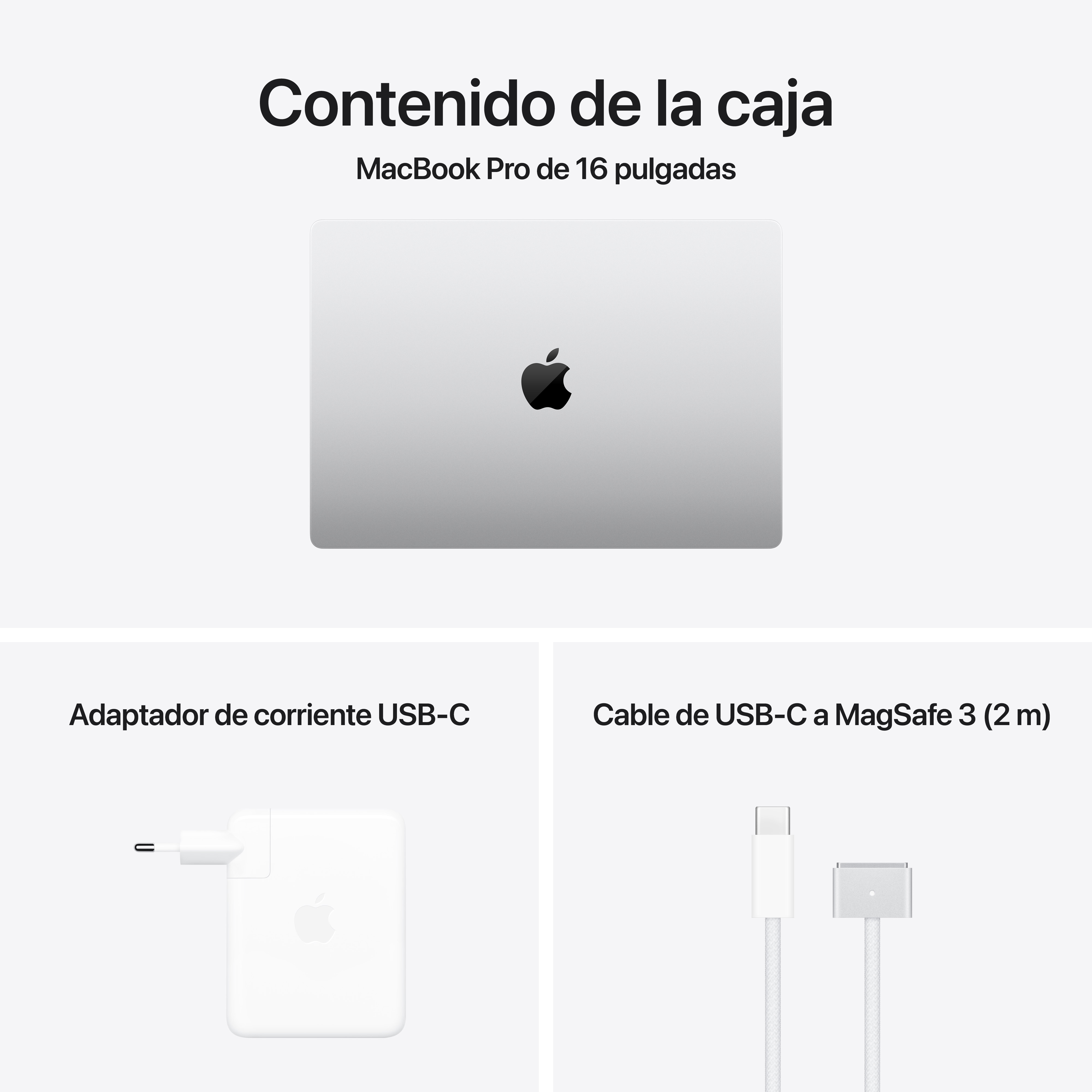 MacBook Pro, adaptador de corriente USB-C y cable USB-C a MagSafe 3 sobre fondo blanco.