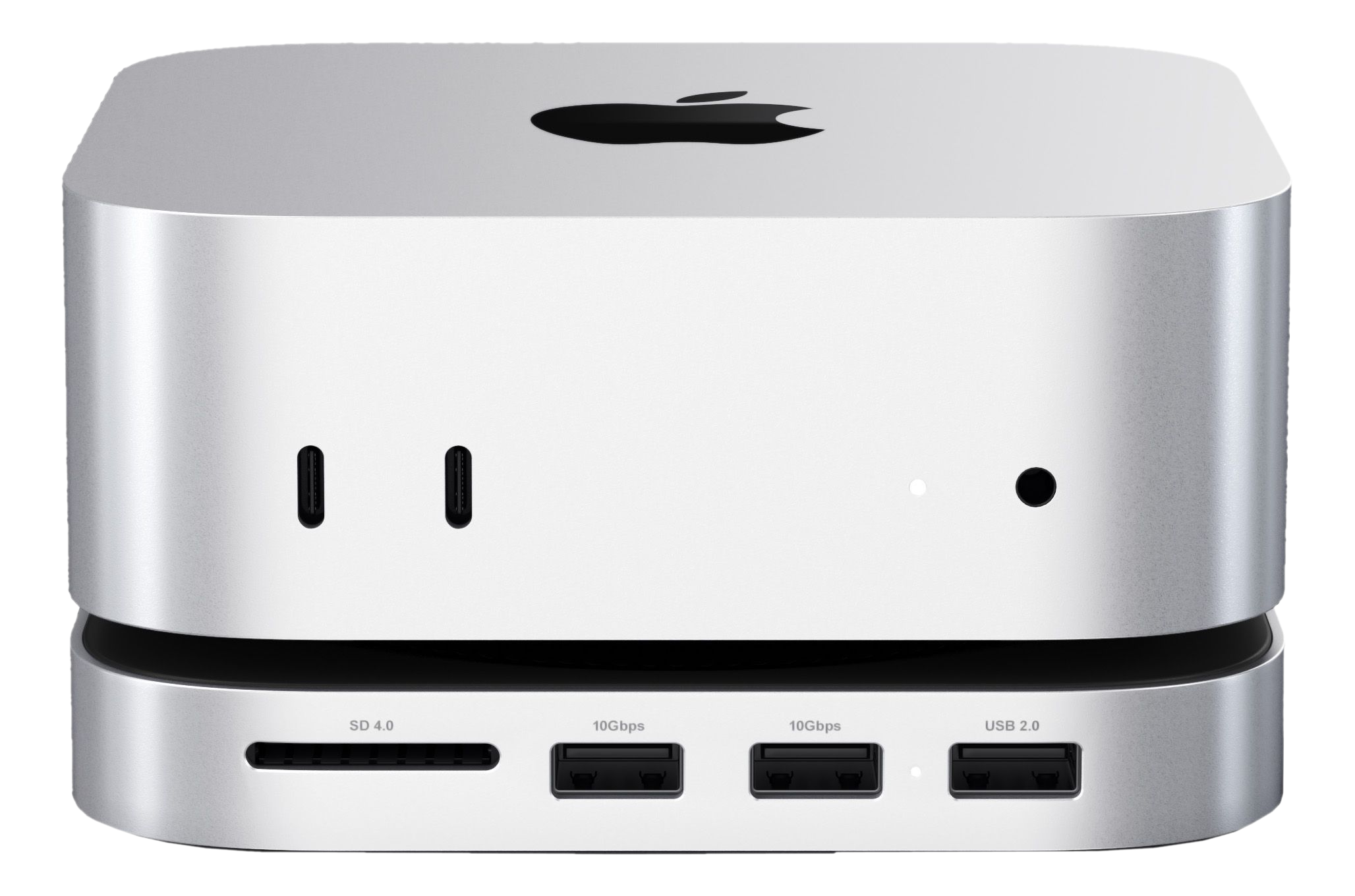 Silberner Apple Mac Studio. Ports sichtbar. Schwarzes Apple-Logo oben. Rechteckige Form mit abgerundeten Kanten.
