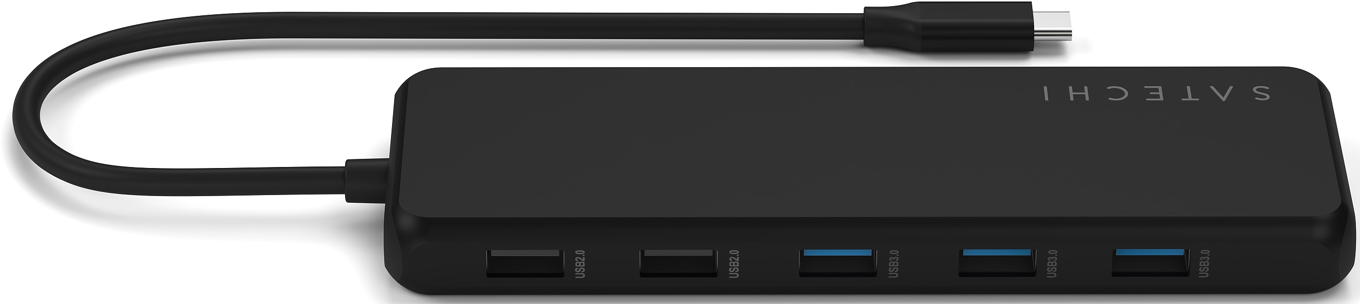 Hub USB noir avec divers ports USB, avec un câble noir attaché.