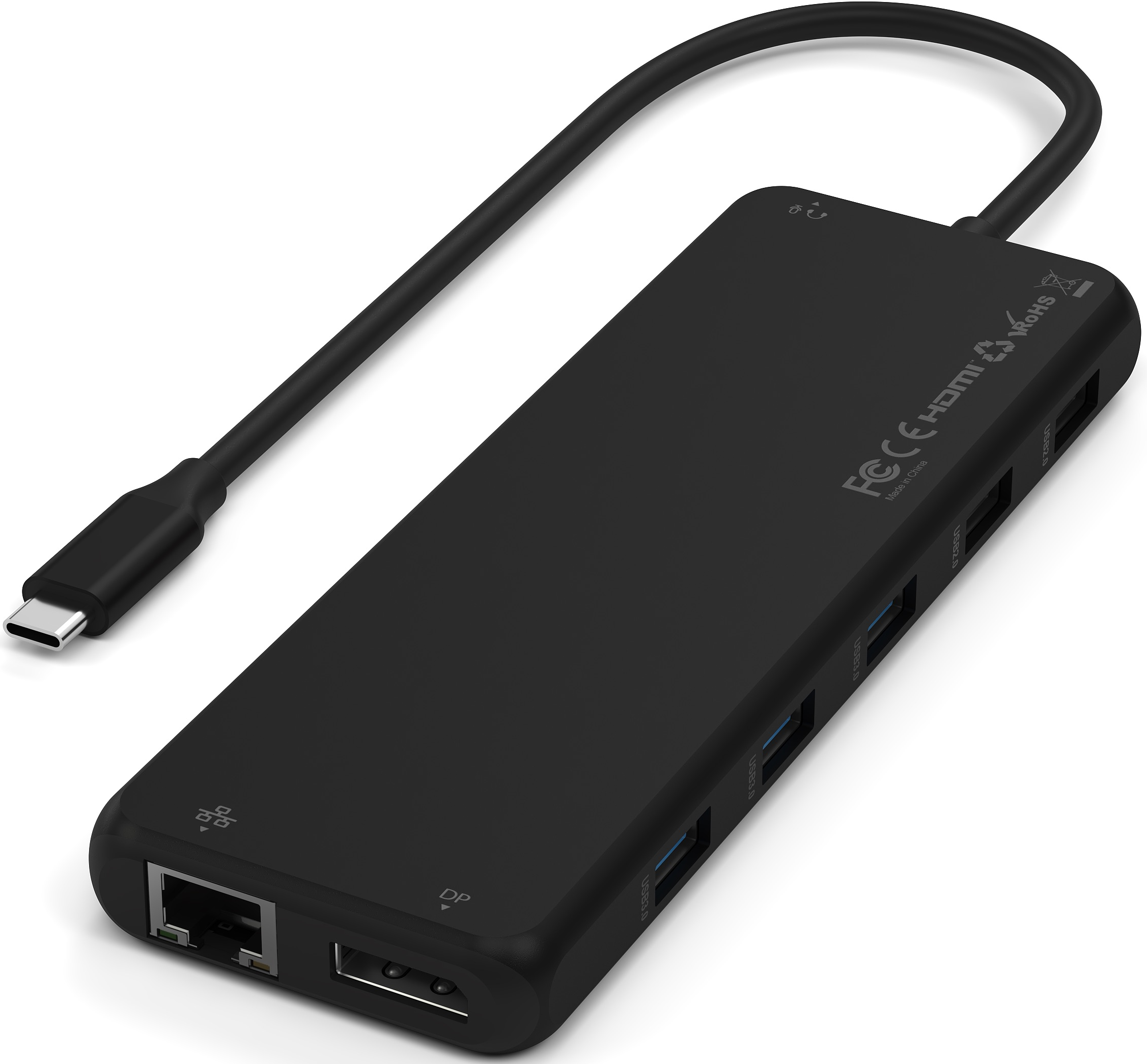Un hub USB-C noir avec plusieurs ports et un câble.