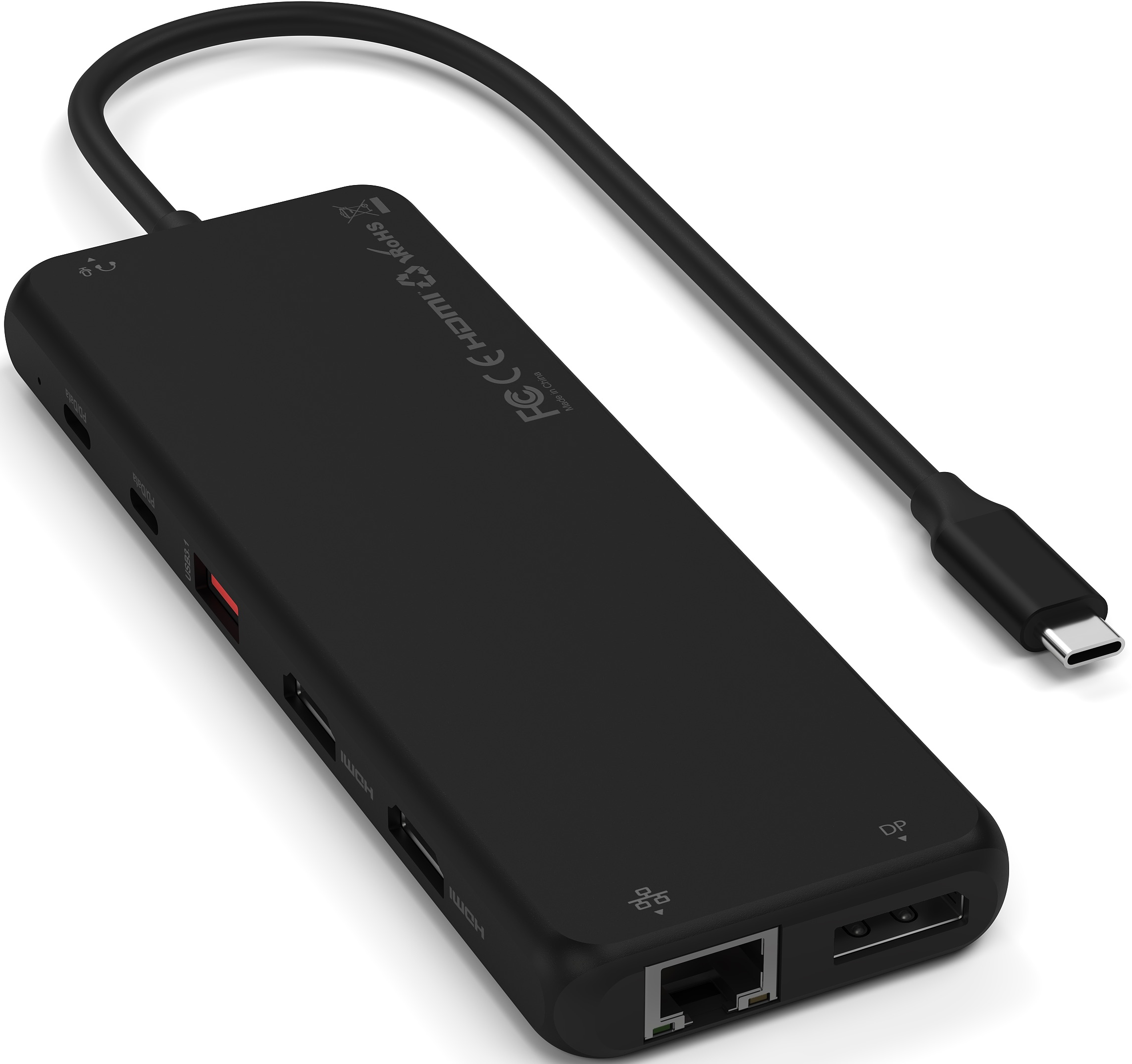 Hub USB-C noir avec plusieurs ports et un câble connecté.