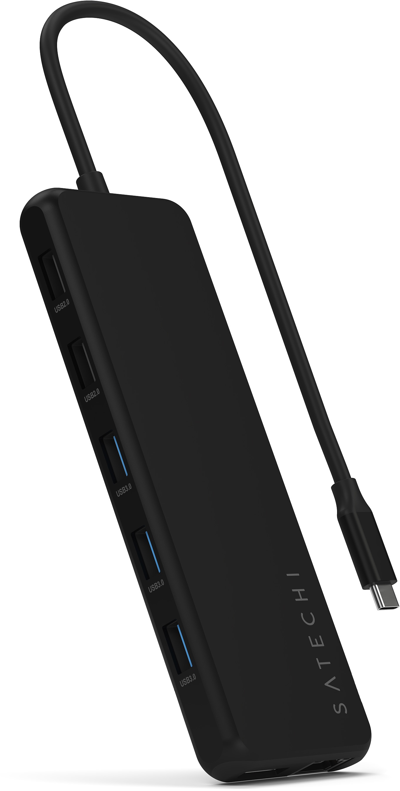 Hub USB Satechi noir avec plusieurs ports USB et un câble.