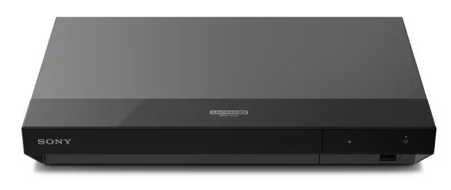 Czarny odtwarzacz Blu-ray Ultra HD Sony, z nazwą marki po lewej i przyciskiem zasilania po prawej.