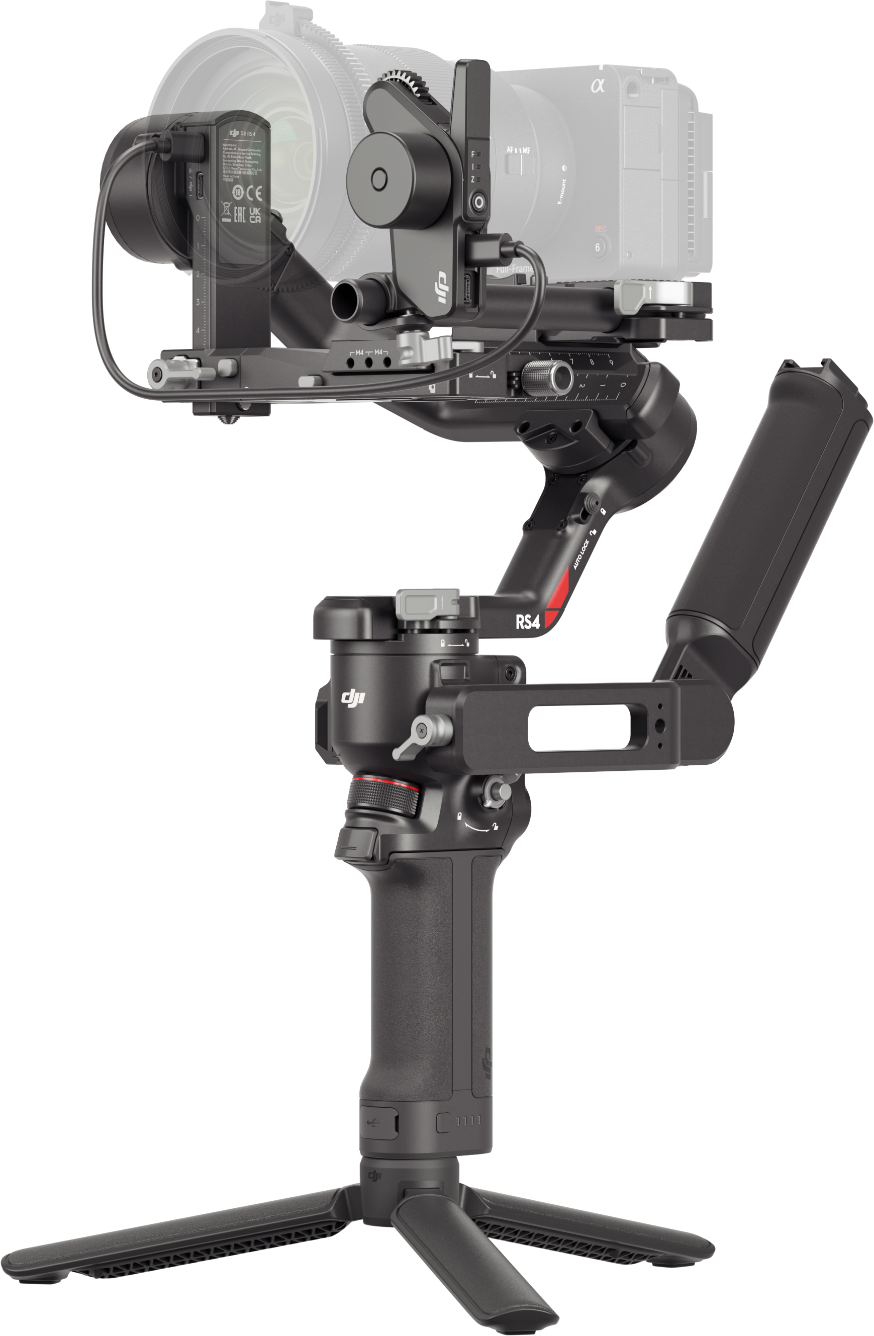 Kamera és gimbal stabilizátor fogantyúval és állványlábakkal fekete háttéren.