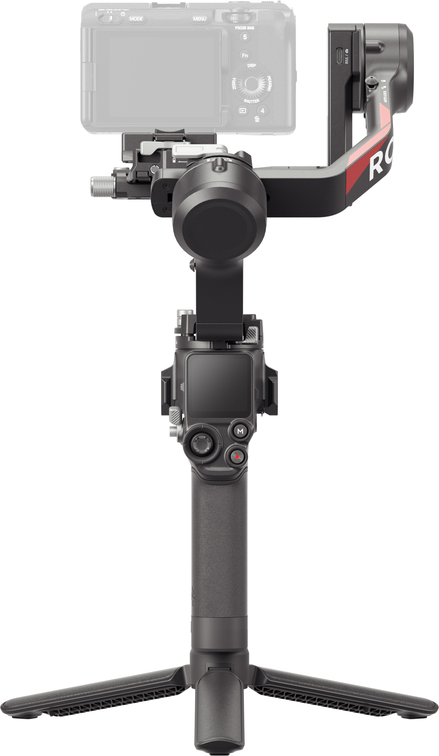 Kamera gimbal stabilizátorra szerelve. A gimbal fekete, piros akcentusokkal. Fekete háttér.
