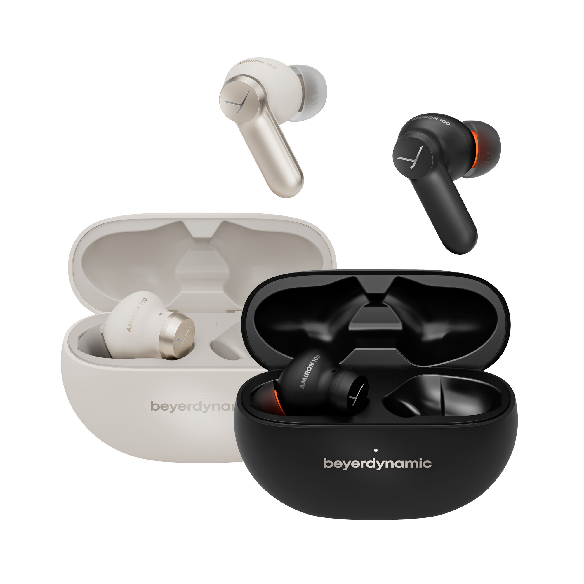 Słuchawki w etui: białe ze srebrnym, czarne z pomarańczowym oraz czarne i białe etui.