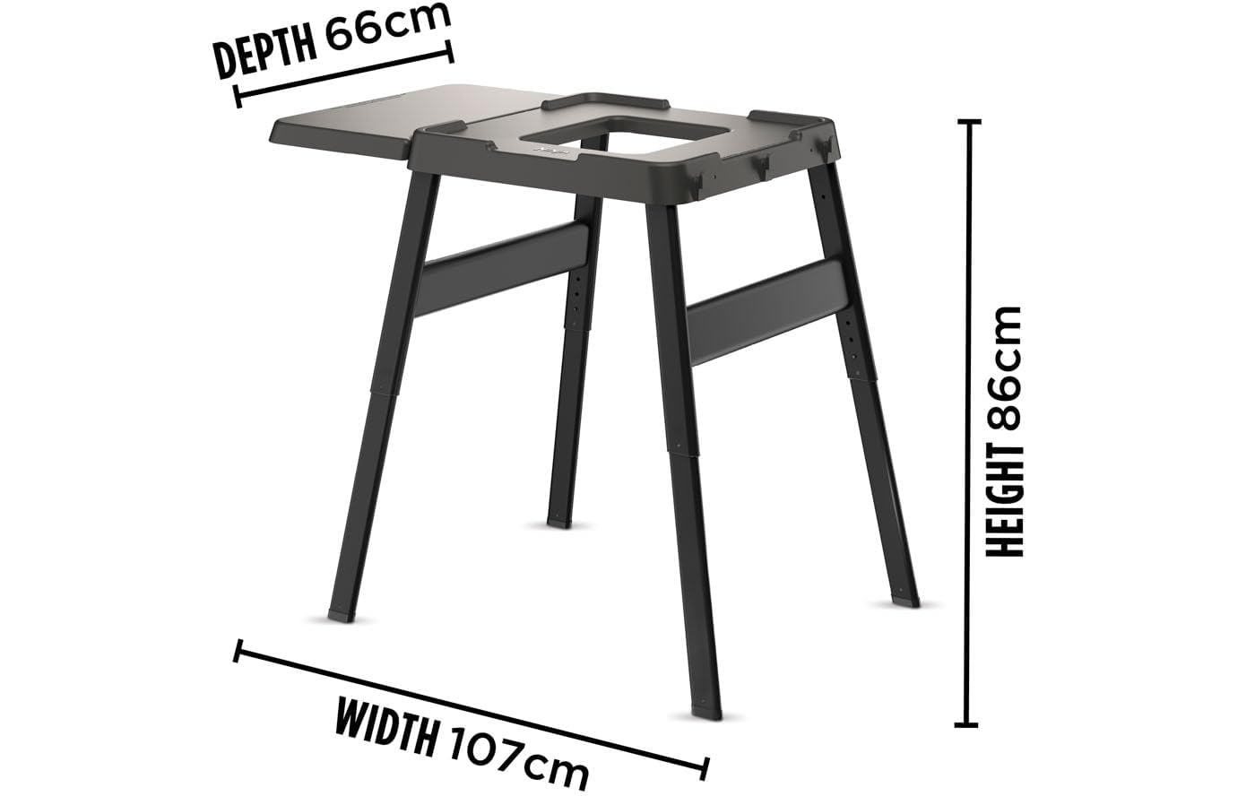 Fekete fém asztal méretekkel: mélység 66cm, magasság 86cm, szélesség 107cm.