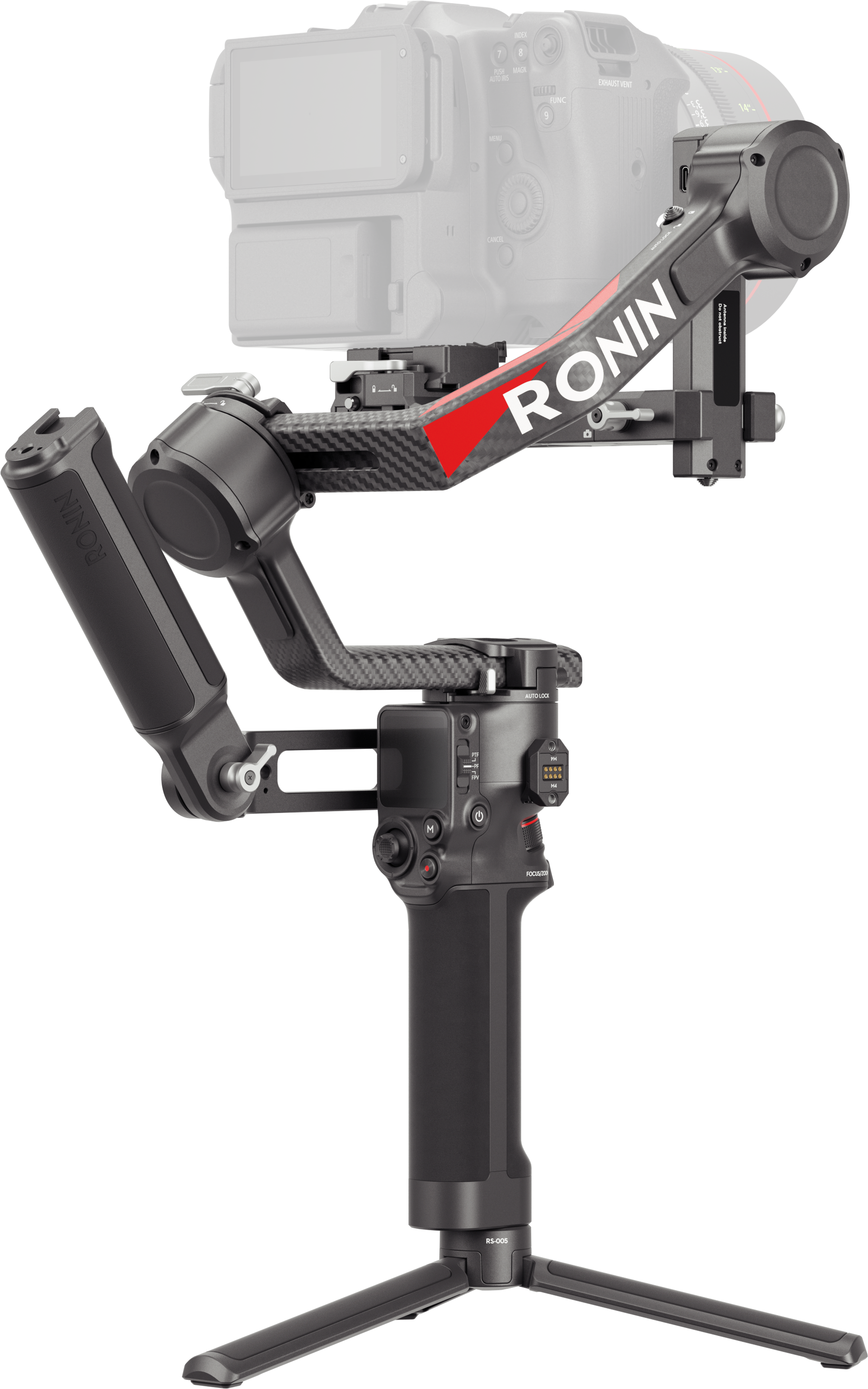 Fekete Ronin gimbal egy kamerával, állványon.