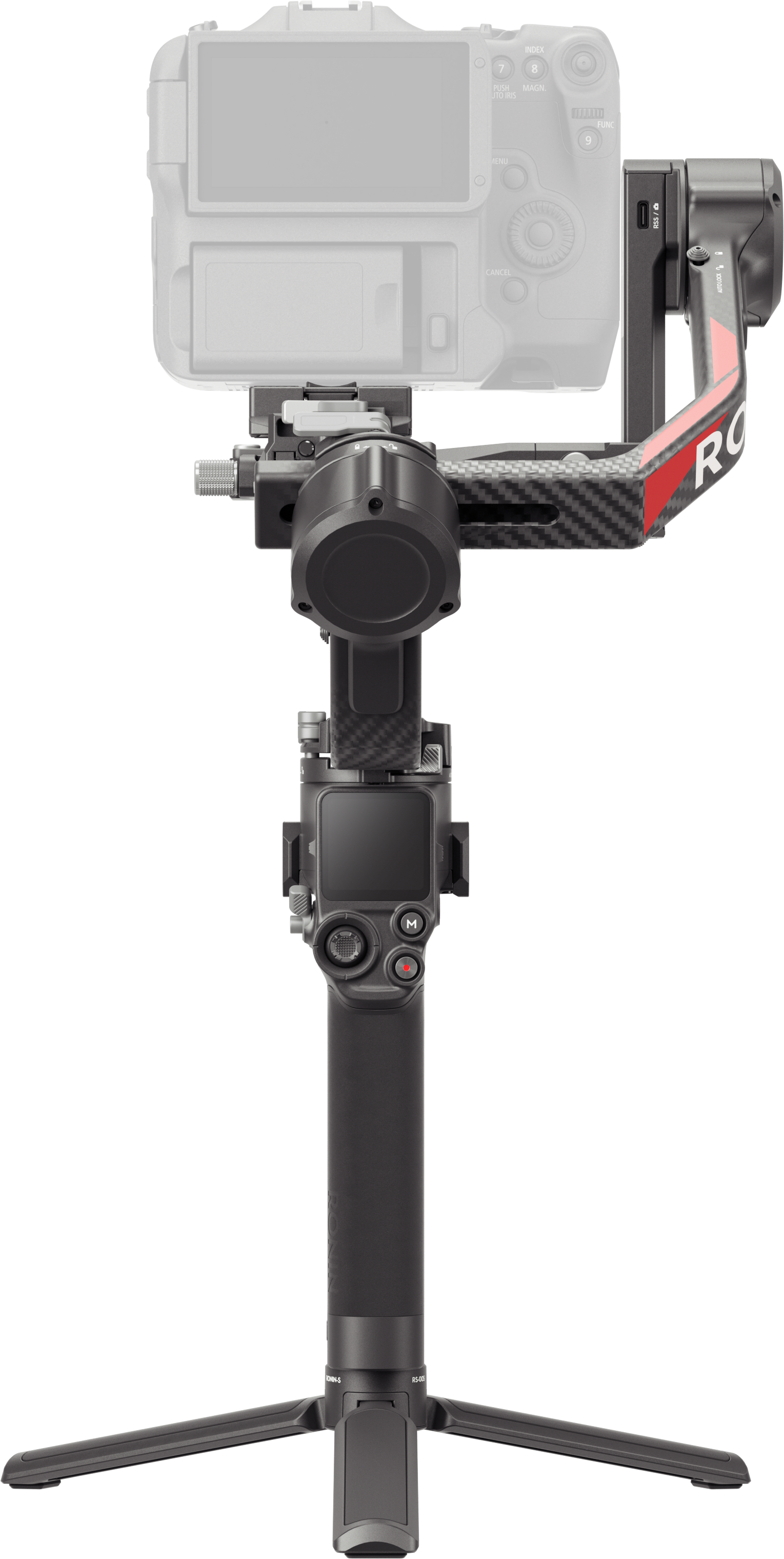 Kamera gimbal stabilizátoron, fekete és piros díszítések, fekete háttér.