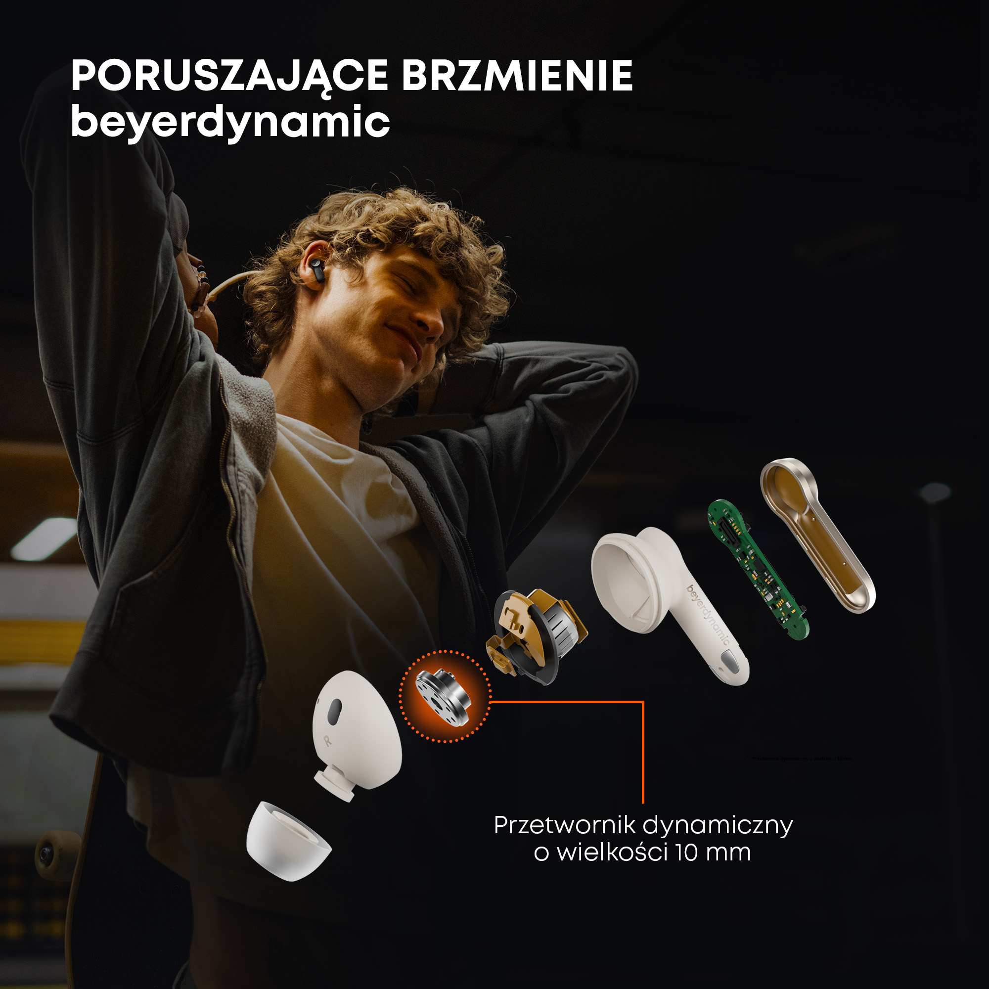 Mężczyzna uśmiecha się, otoczony rozmontowanymi elementami słuchawek. Tekst 'beyerdynamic'. Widoczny przetwornik dynamiczny.