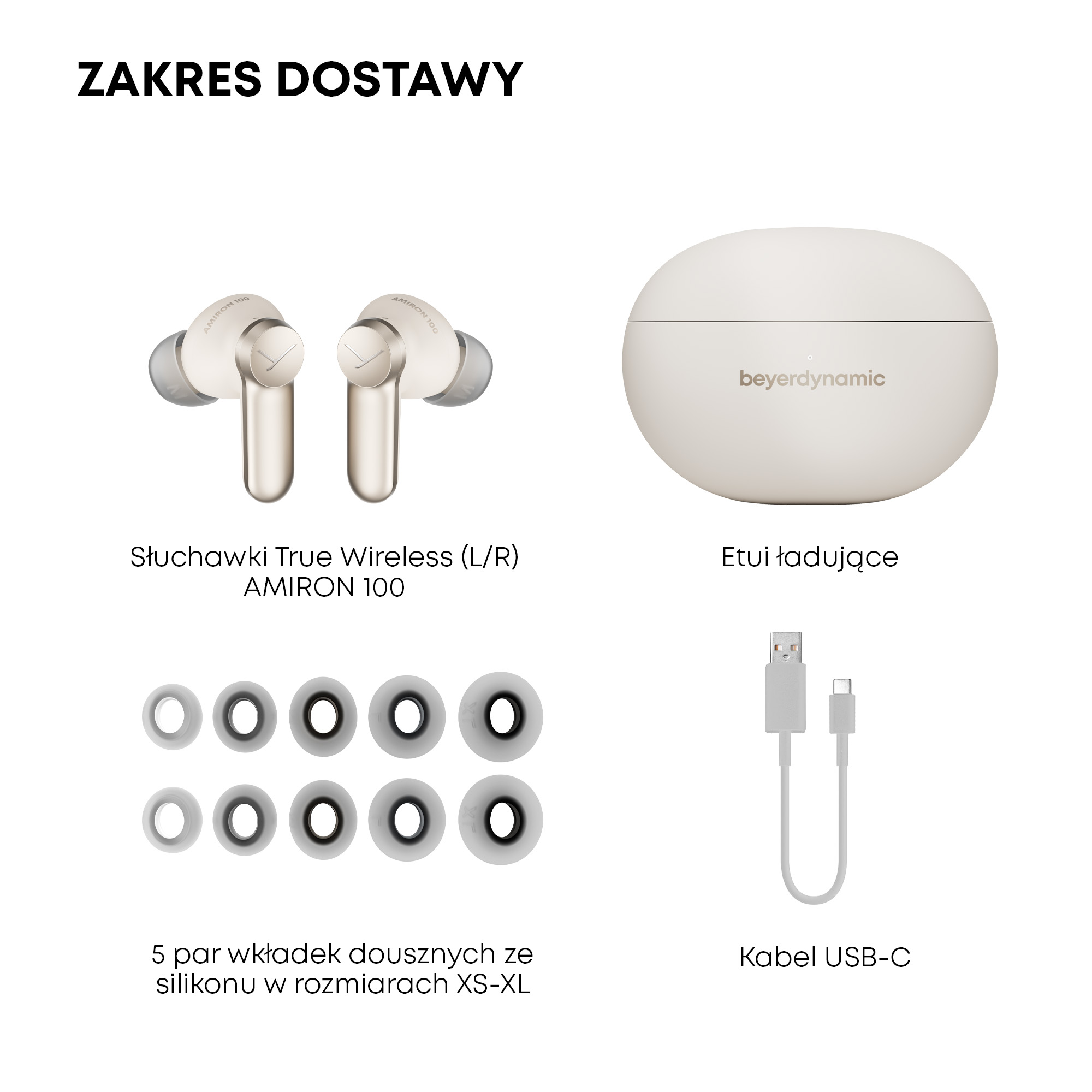 Słuchawki Beyerdynamic, etui ładujące, wkładki douszne i kabel USB-C.