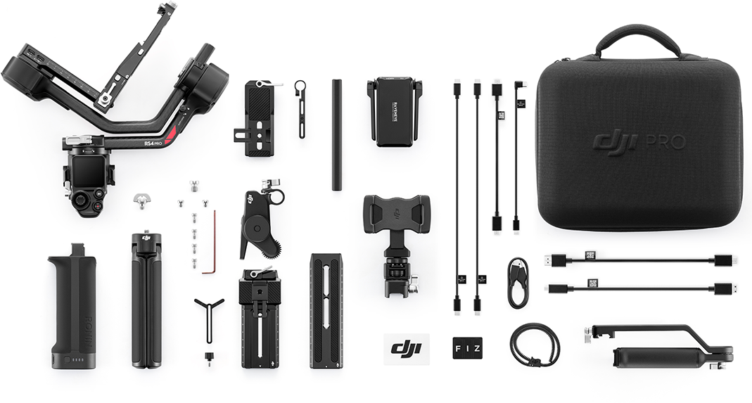 A DJI RS4 Pro gimbal tartozékok teljes készlete.