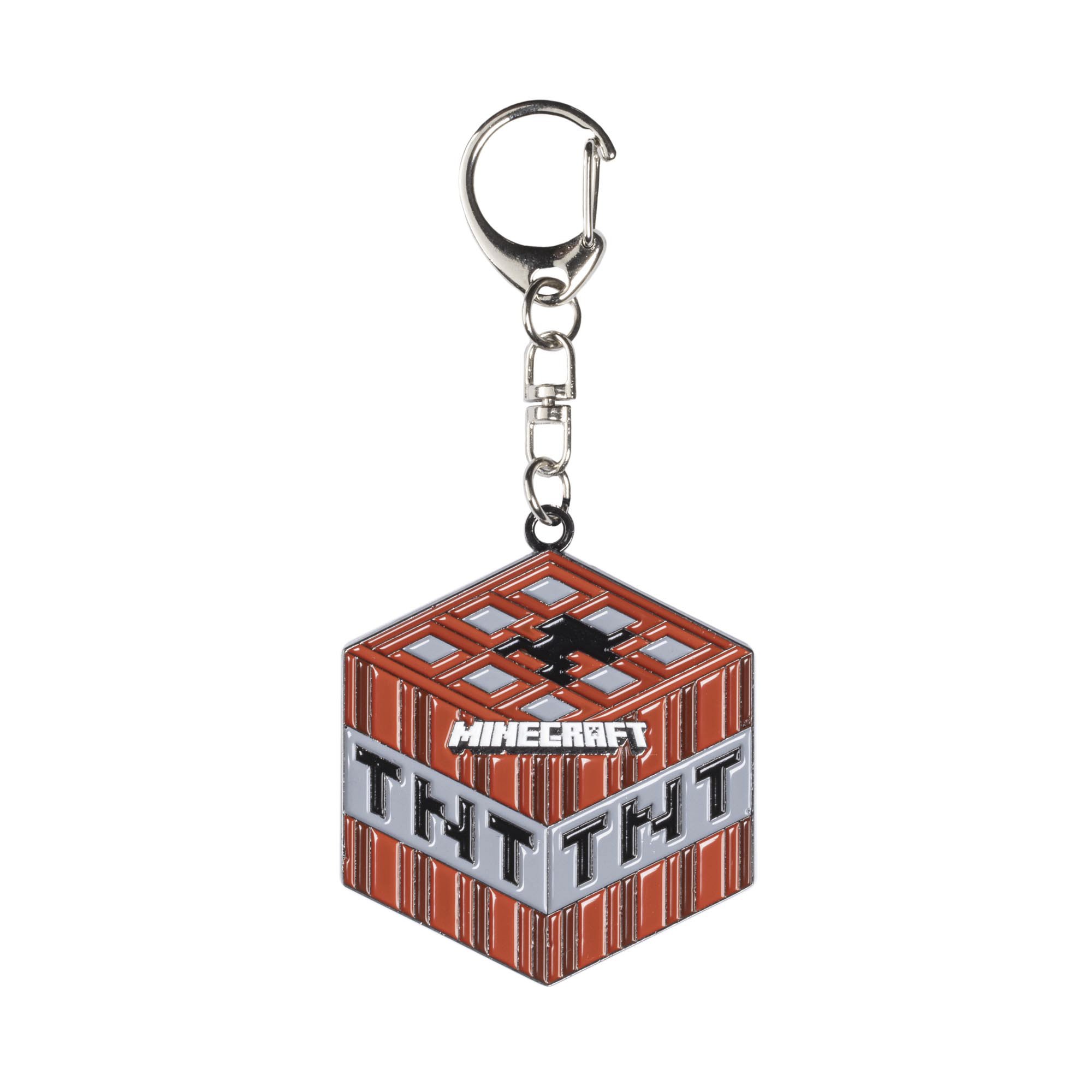 Minecraft TNT Schlüsselanhänger. Oranges Quadrat mit TNT-Text und Kette.