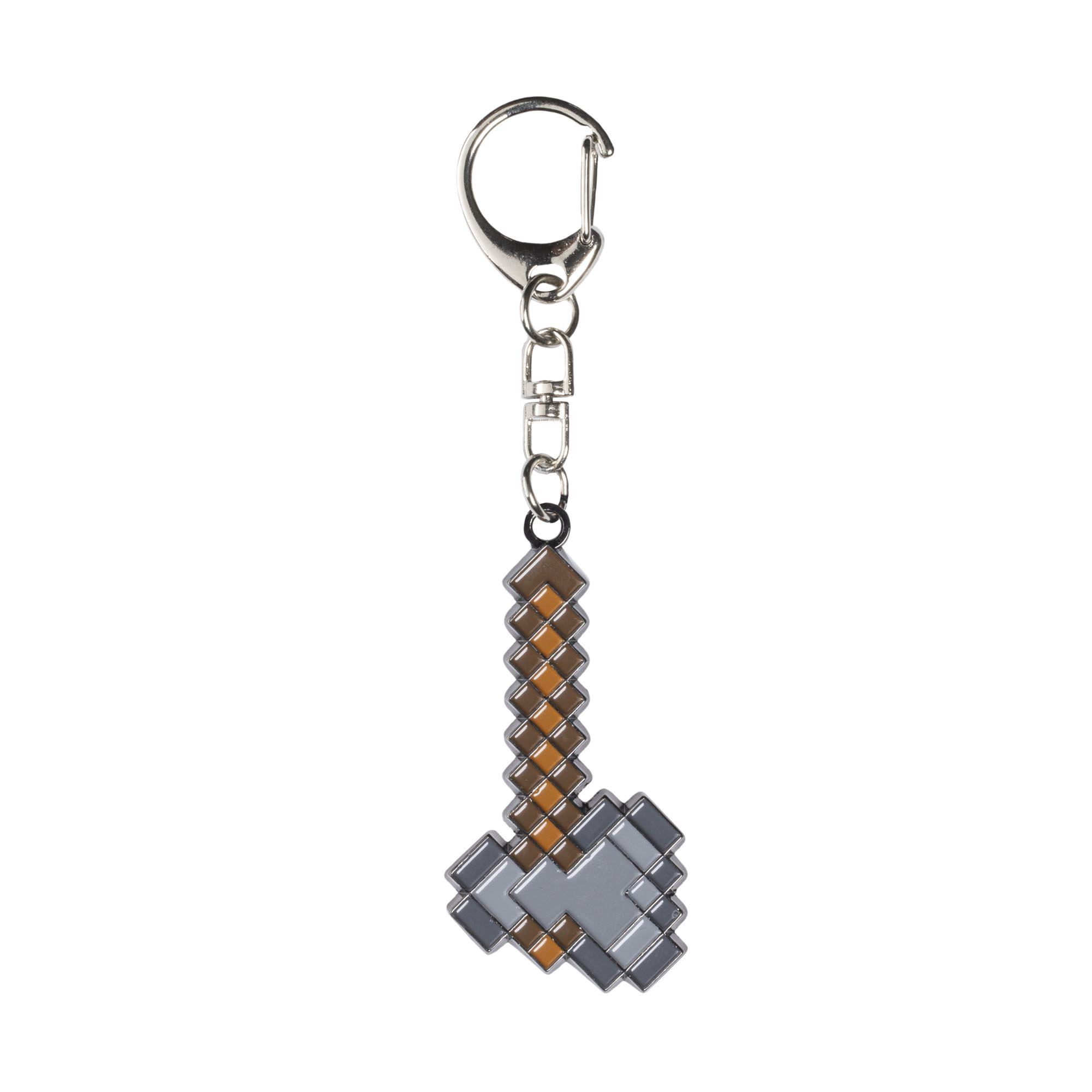 Ein Minecraft-Spitzhacken-Schlüsselanhänger hängt an einer silbernen Kette. Die Spitzhacke ist pixelig.