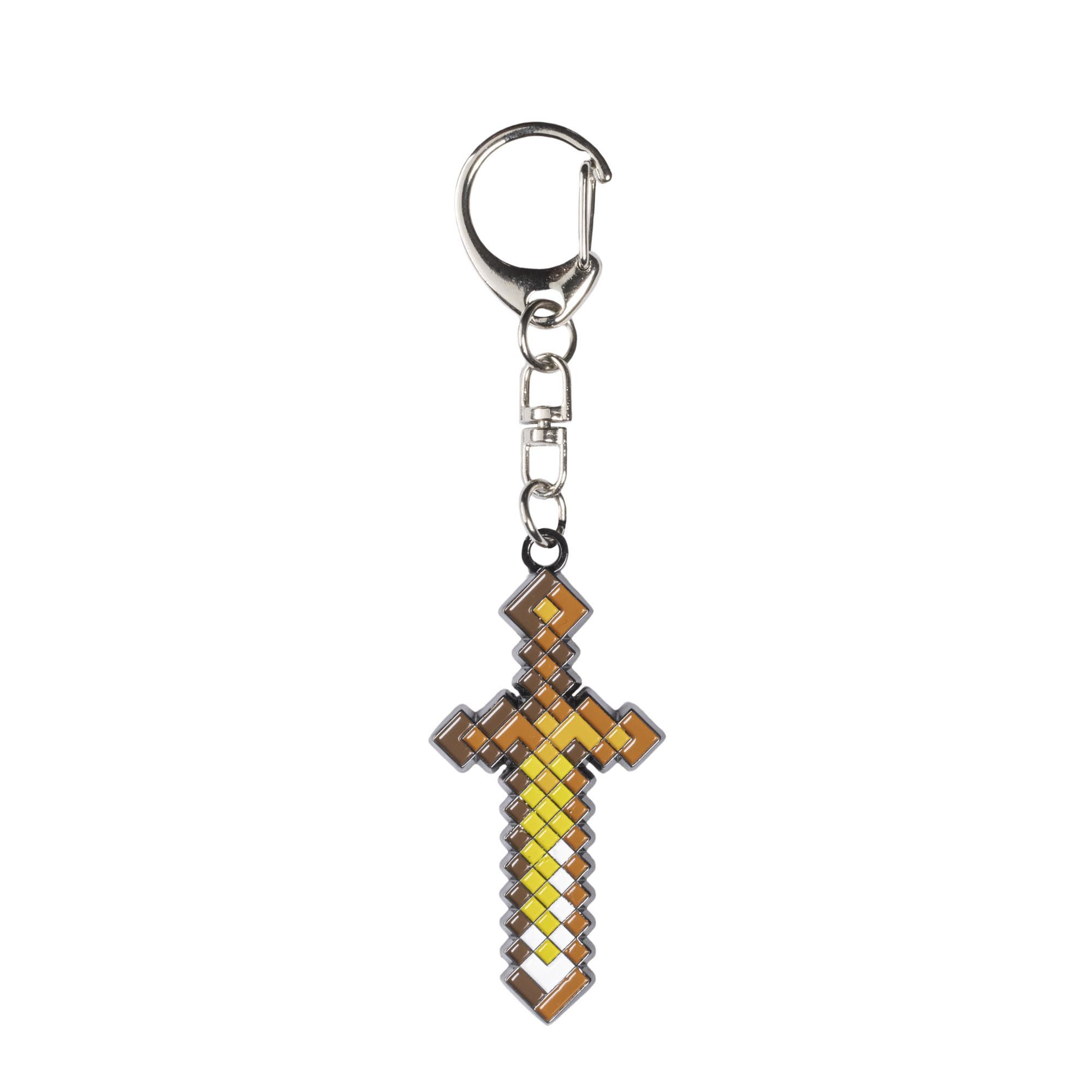 Minecraft-Schwert-Schlüsselanhänger mit silbernem Verschluss. Das Schwert ist gelb und braun.