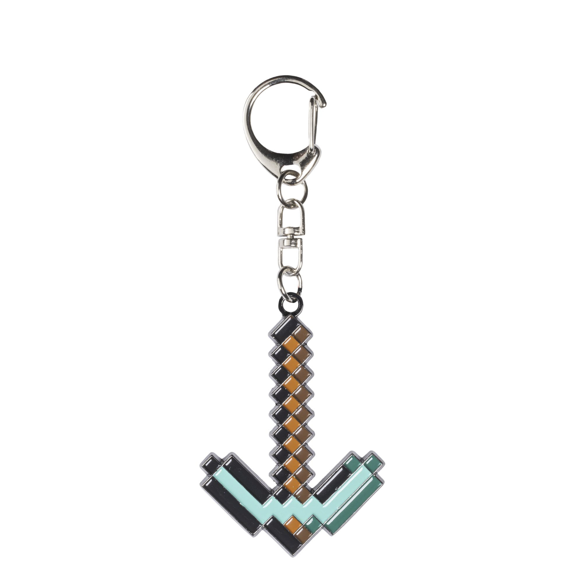 Minecraft Spitzhacken-Schlüsselanhänger, braunes, schwarzes und türkisfarbenes Pixel-Design.