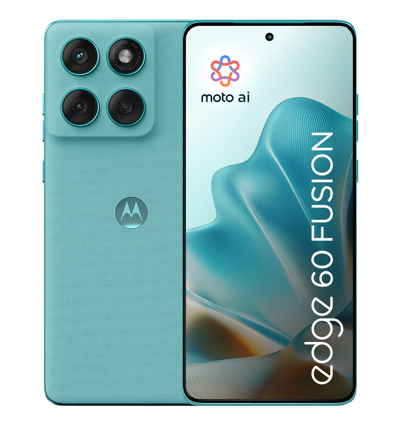 Türkisblaues Motorola Edge 60 Fusion Telefon mit Kameraanordnung auf schwarzem Hintergrund.