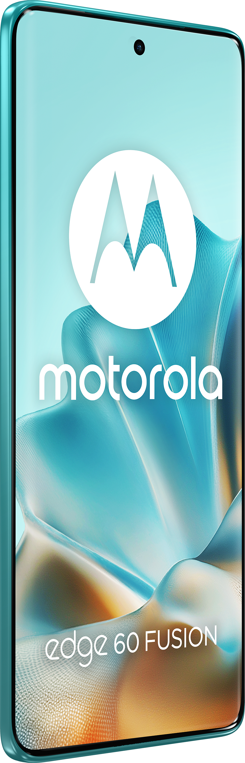 Ein türkisblaues Motorola Edge 60 Fusion-Telefon, das das Motorola-Logo und den gebogenen Bildschirm zeigt.
