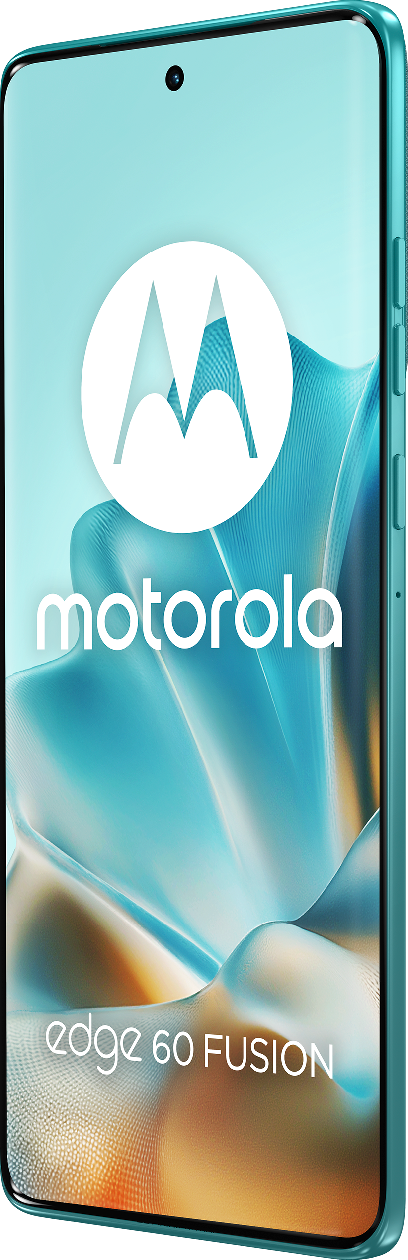 Ein türkisfarbenes Motorola Edge 60 Fusion-Telefon wird in Nahaufnahme angezeigt.